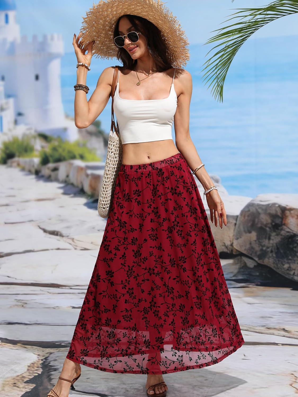 image:imageELLEVEN Womens Floral Mesh Maxi SkirtFlowy RuffleBoho Elastic High Waisted Elegant Long Skirts for WomenBurgundy