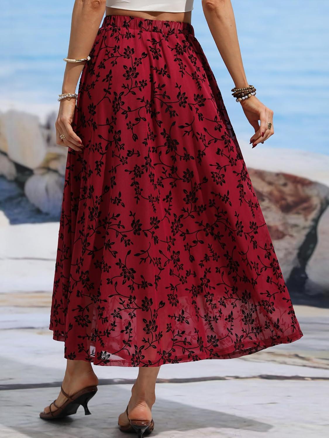 image:imageELLEVEN Womens Floral Mesh Maxi SkirtFlowy RuffleBoho Elastic High Waisted Elegant Long Skirts for WomenBurgundy