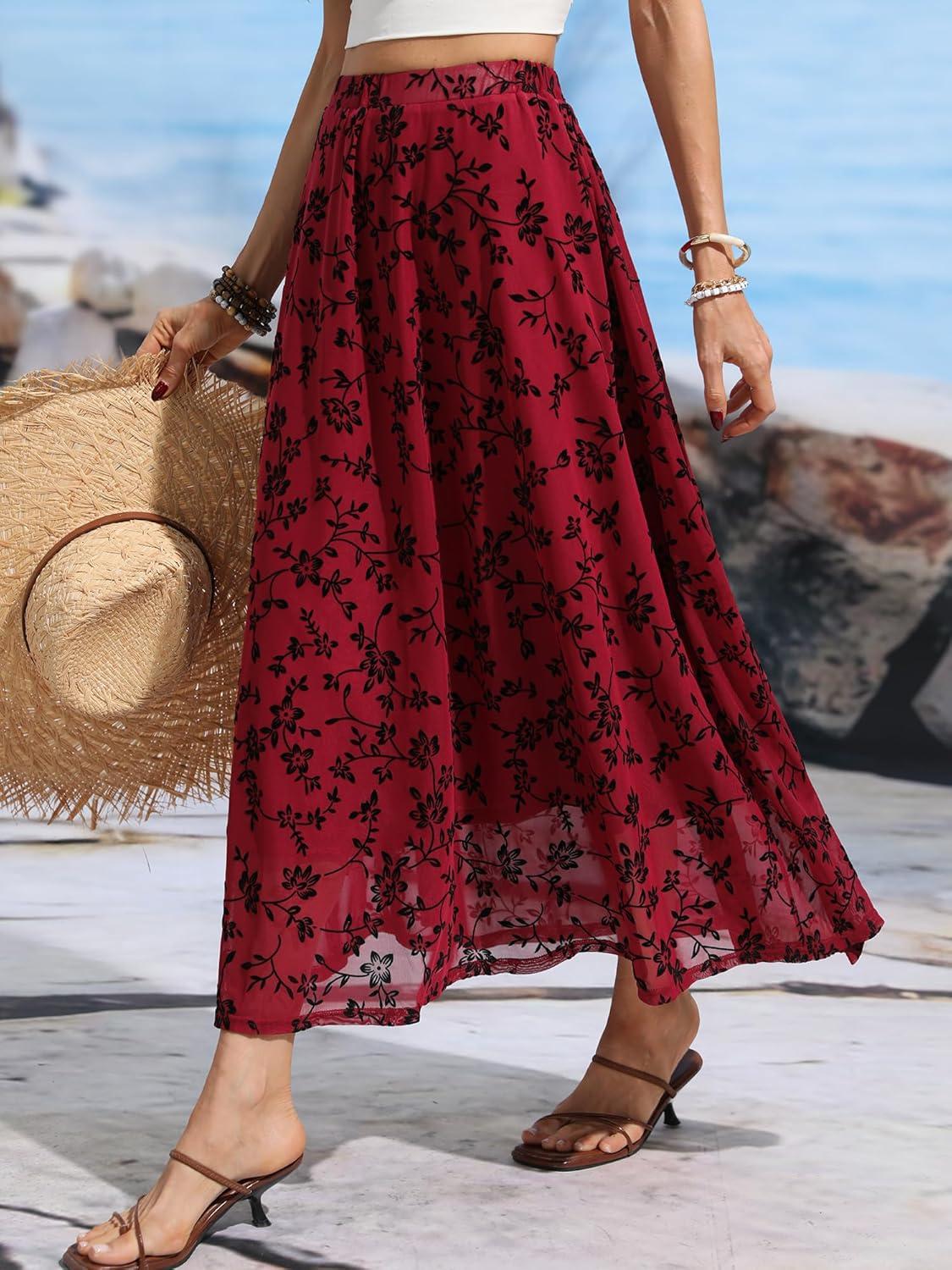 image:imageELLEVEN Womens Floral Mesh Maxi SkirtFlowy RuffleBoho Elastic High Waisted Elegant Long Skirts for WomenBurgundy
