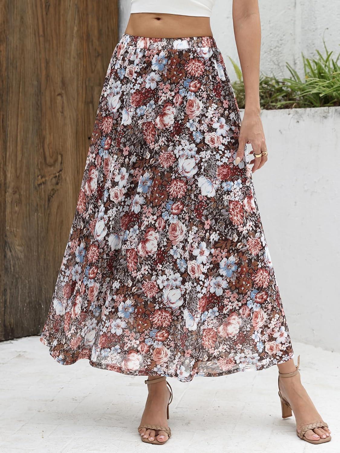 image:imageELLEVEN Womens Floral Mesh Maxi SkirtFlowy RuffleBoho Elastic High Waisted Elegant Long Skirts for WomenCoffee Floral
