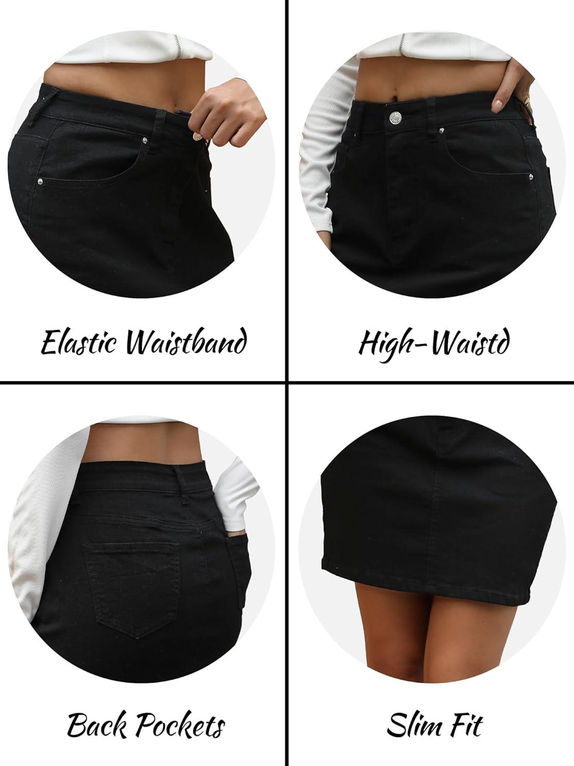image:imageELLEVEN Womens HighStretch Denim SkirtSlim Fit High Waisted Jean Skirts with PocketsBlack Denim