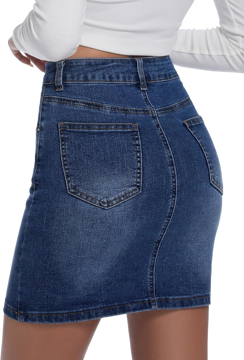 image:imageELLEVEN Womens HighStretch Denim SkirtSlim Fit High Waisted Jean Skirts with PocketsDark Wash