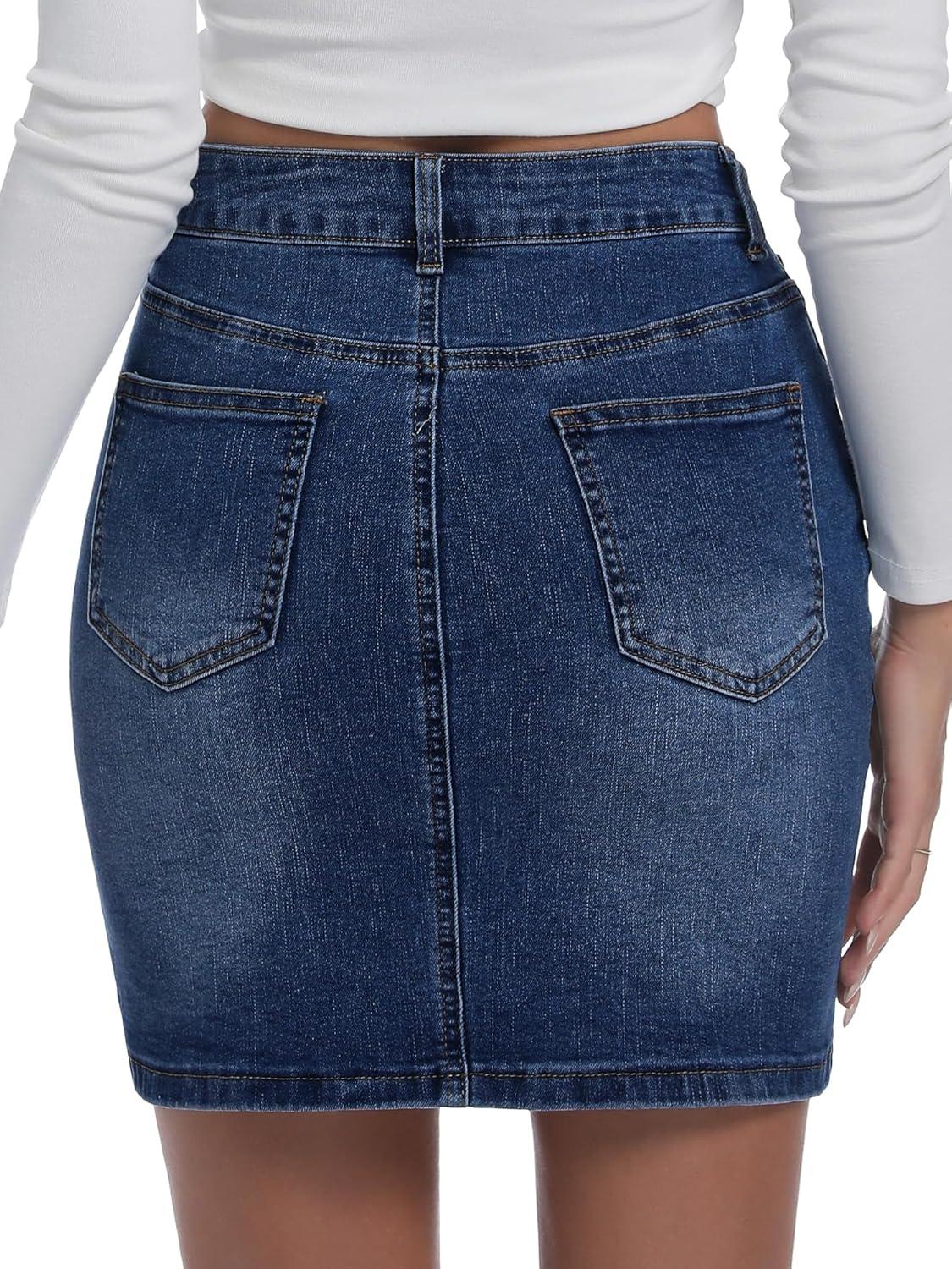 image:imageELLEVEN Womens HighStretch Denim SkirtSlim Fit High Waisted Jean Skirts with PocketsDark Wash
