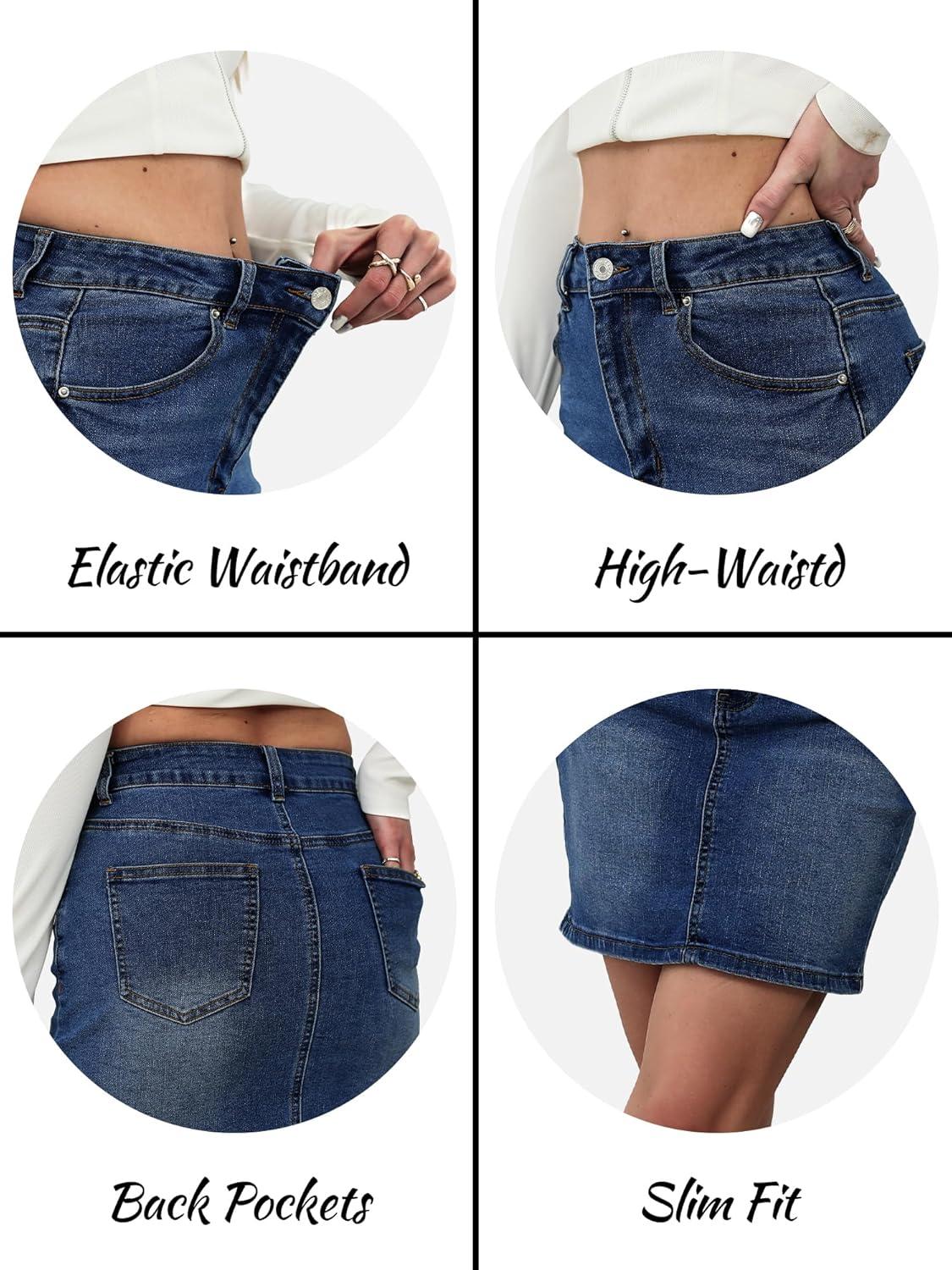 image:imageELLEVEN Womens HighStretch Denim SkirtSlim Fit High Waisted Jean Skirts with PocketsDark Wash