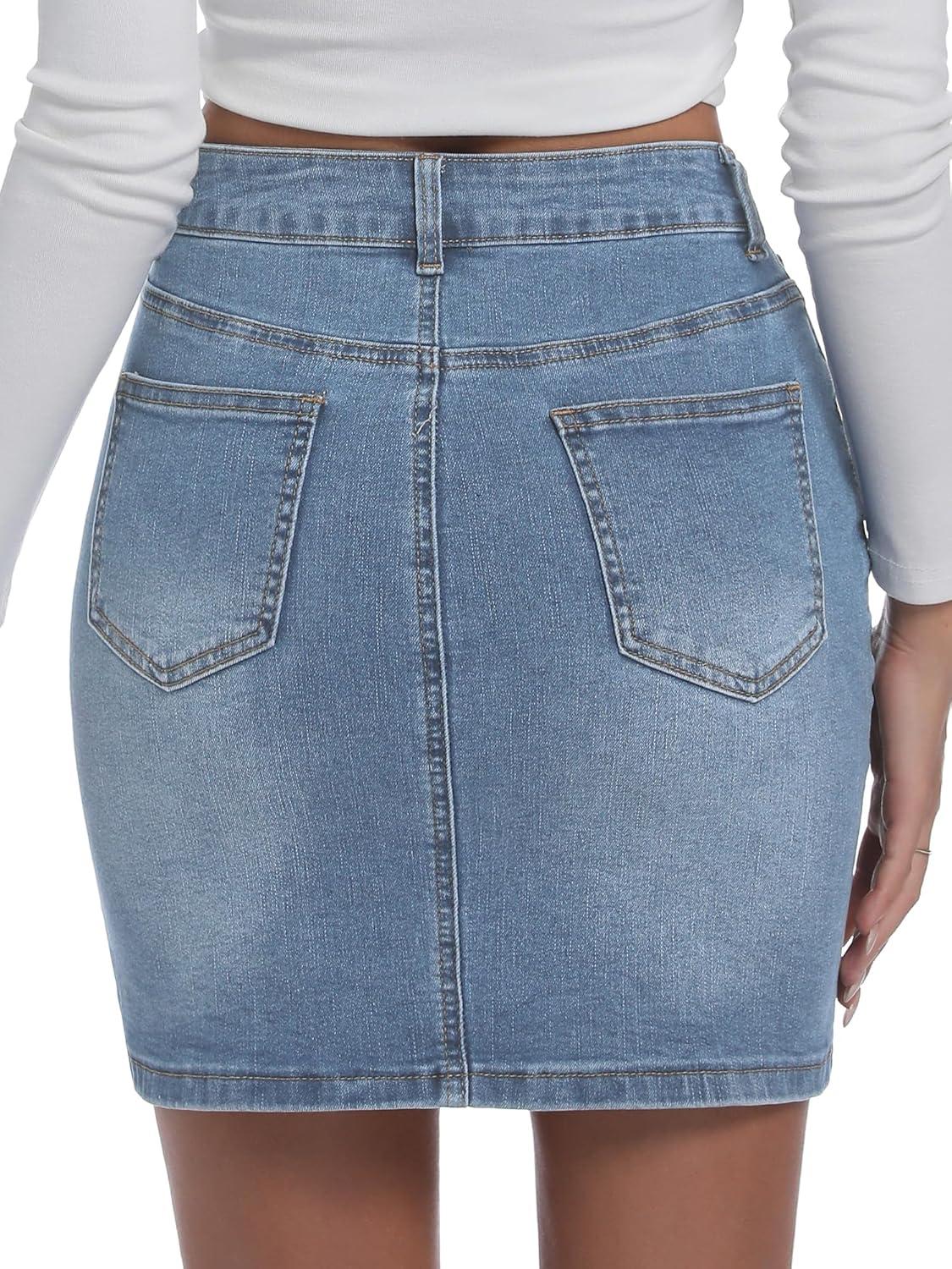 image:imageELLEVEN Womens HighStretch Denim SkirtSlim Fit High Waisted Jean Skirts with PocketsLight Wash
