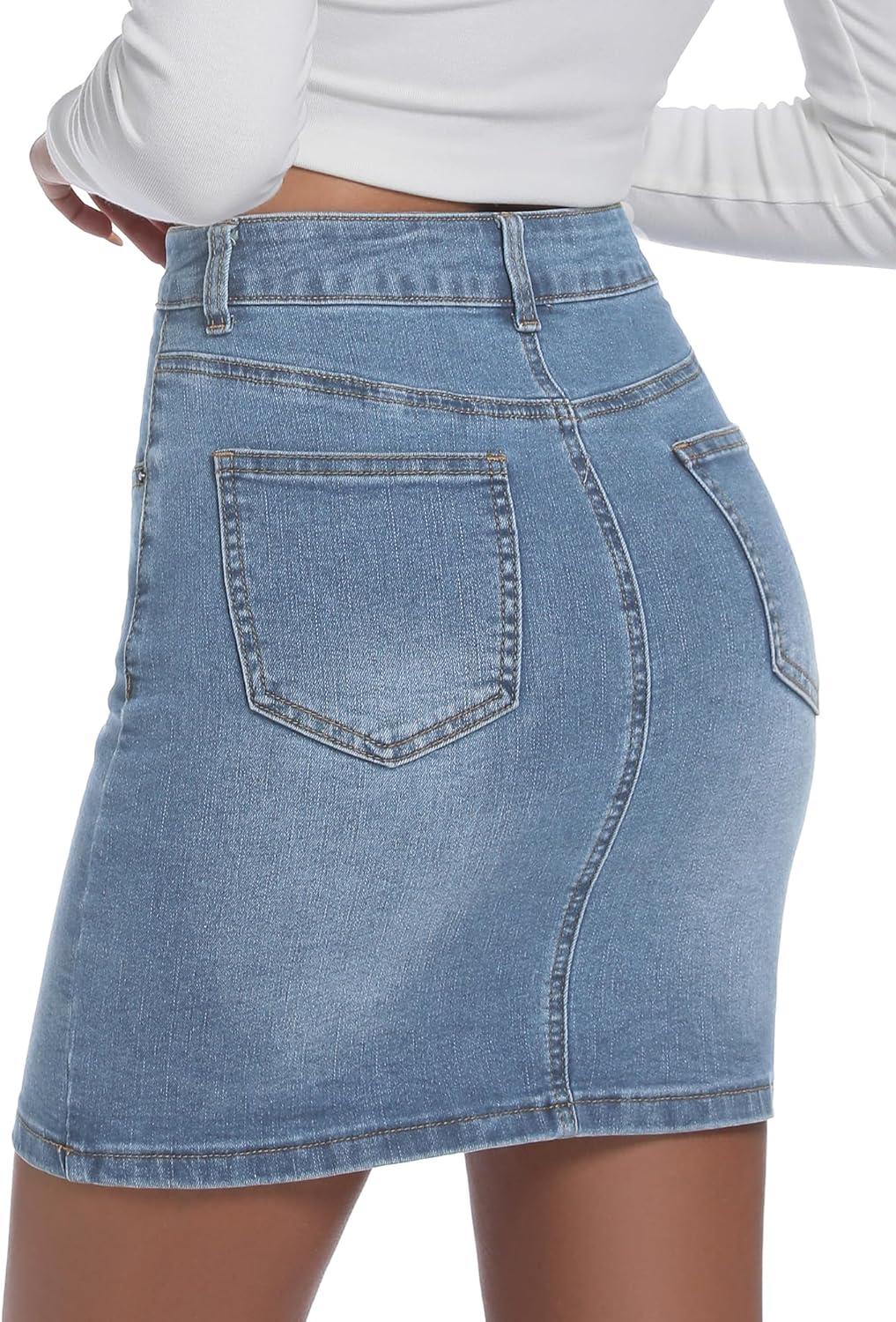 image:imageELLEVEN Womens HighStretch Denim SkirtSlim Fit High Waisted Jean Skirts with PocketsLight Wash