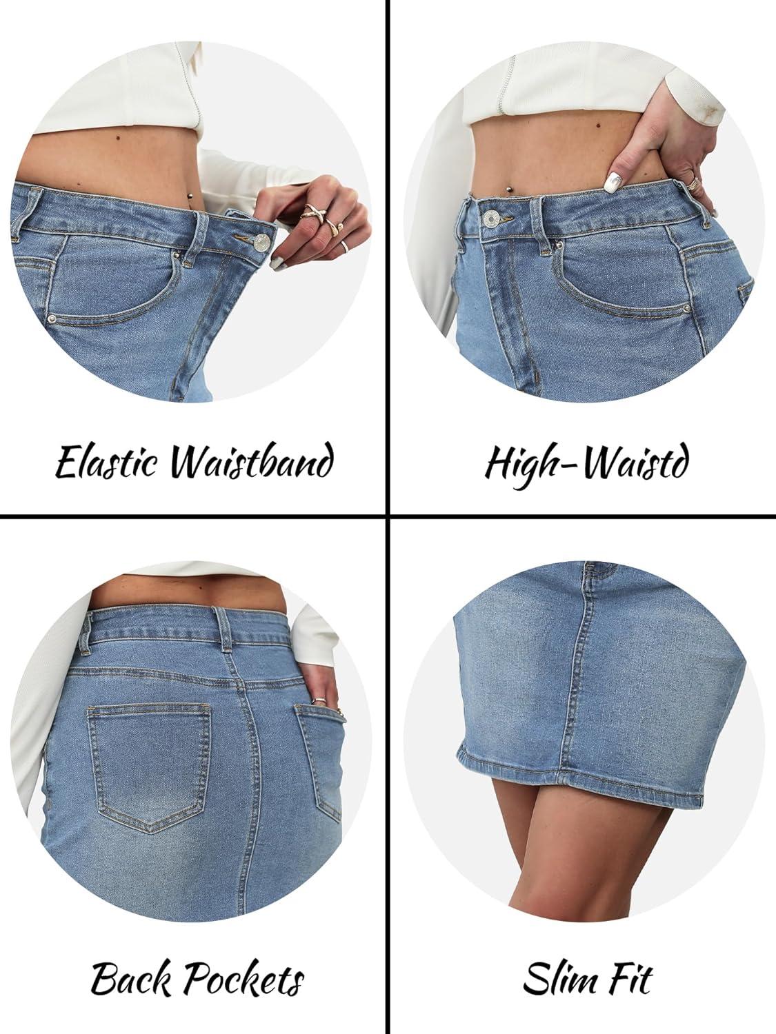 image:imageELLEVEN Womens HighStretch Denim SkirtSlim Fit High Waisted Jean Skirts with PocketsLight Wash