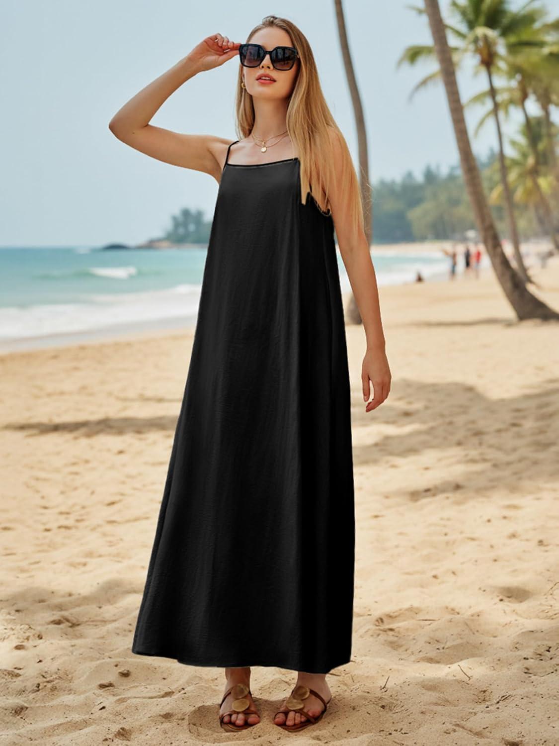 image:imageELLEVEN Womens Loose Summer Backless Maxi Dress Adjustable Spaghetti Strap Sundress with Pockets for Vacation amp BeachBlack