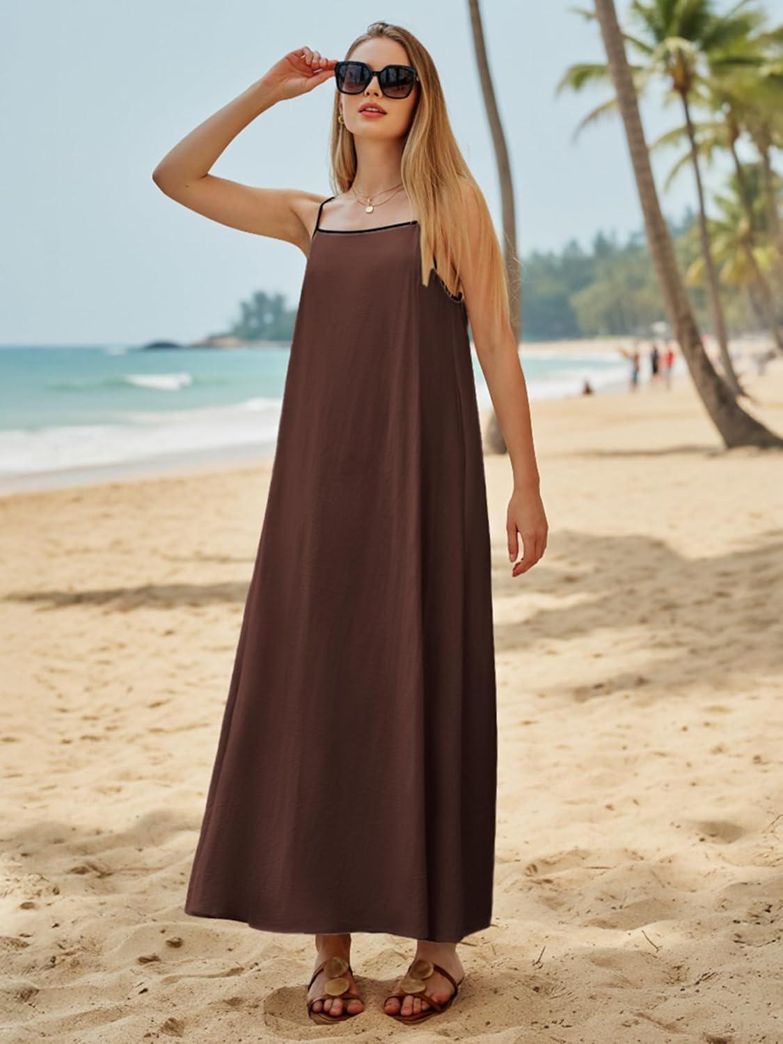 image:imageELLEVEN Womens Loose Summer Backless Maxi Dress Adjustable Spaghetti Strap Sundress with Pockets for Vacation amp BeachChocolate Brown
