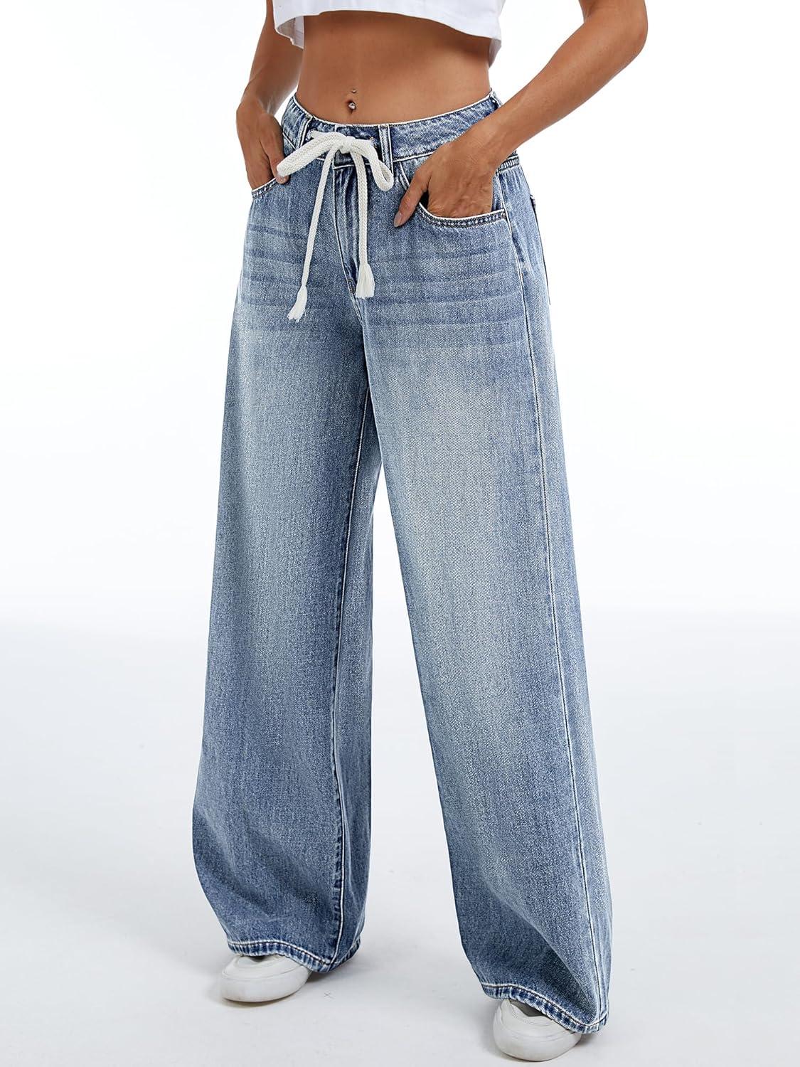 image:imageELLEVEN Womens Low Rise Baggy Jeans Casual Drawstring Wide Leg Denim Pants with PocketsDenim Blue