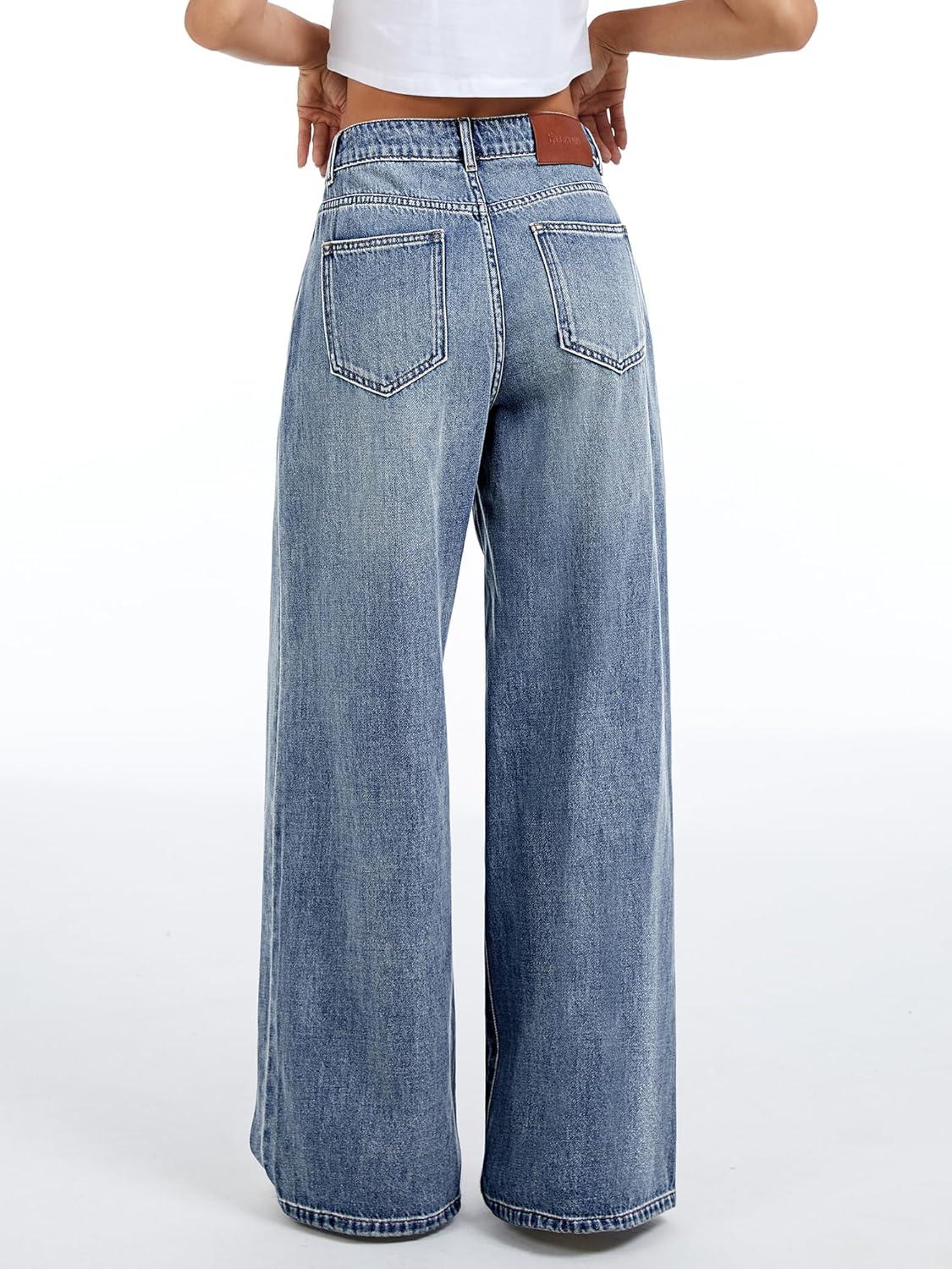 image:imageELLEVEN Womens Low Rise Baggy Jeans Casual Drawstring Wide Leg Denim Pants with PocketsDenim Blue