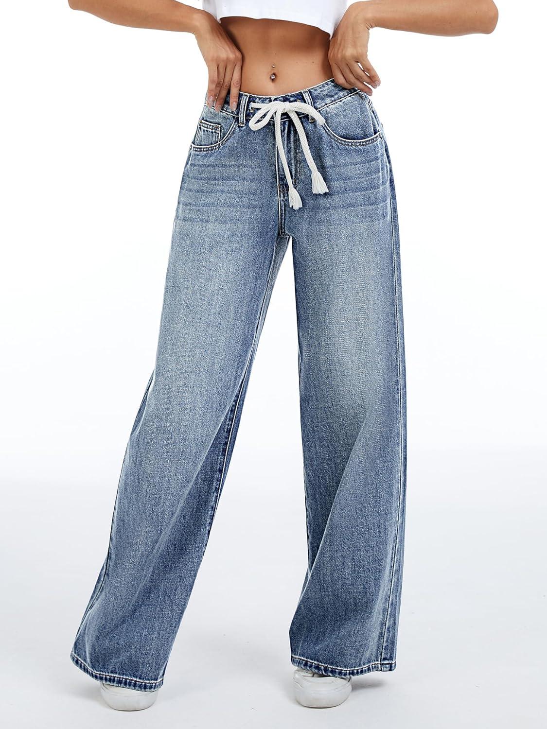 image:imageELLEVEN Womens Low Rise Baggy Jeans Casual Drawstring Wide Leg Denim Pants with PocketsDenim Blue