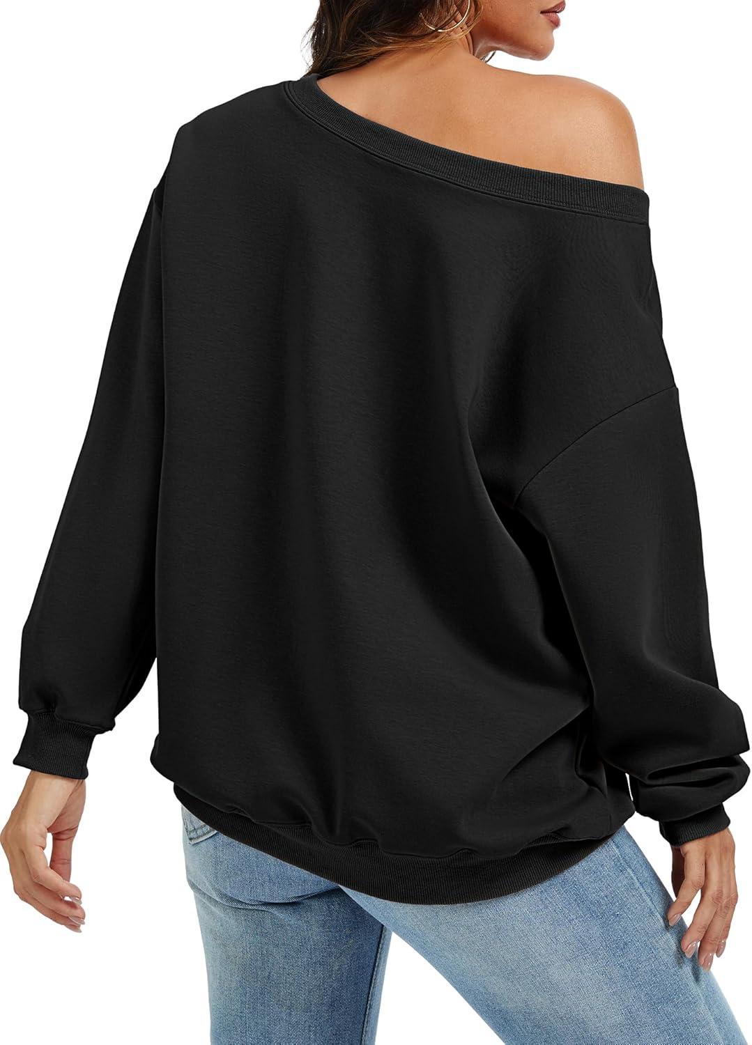 image:imageELLEVEN Womens Off Shoulder Sweatshirt Casual Long Sleeve Pullover Tops with PocketsBlack