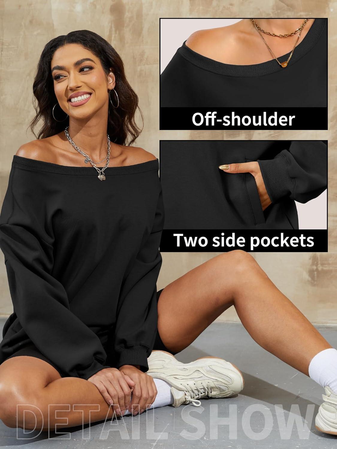 image:imageELLEVEN Womens Off Shoulder Sweatshirt Casual Long Sleeve Pullover Tops with PocketsBlack