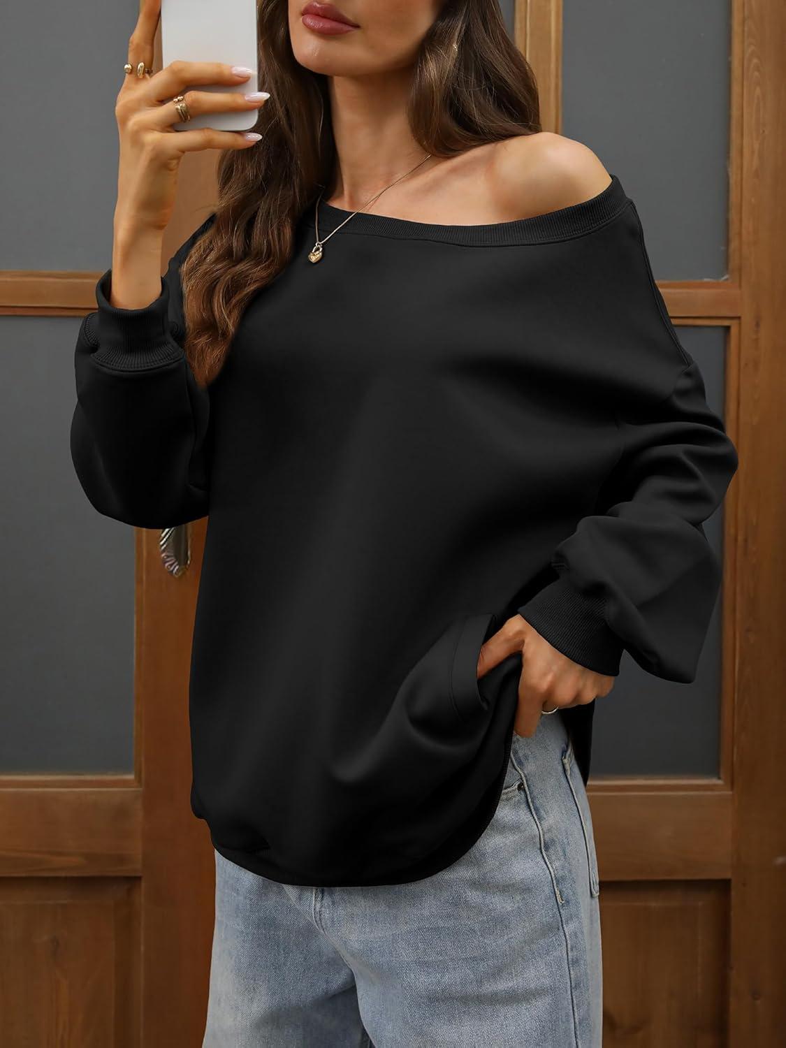 image:imageELLEVEN Womens Off Shoulder Sweatshirt Casual Long Sleeve Pullover Tops with PocketsBlack