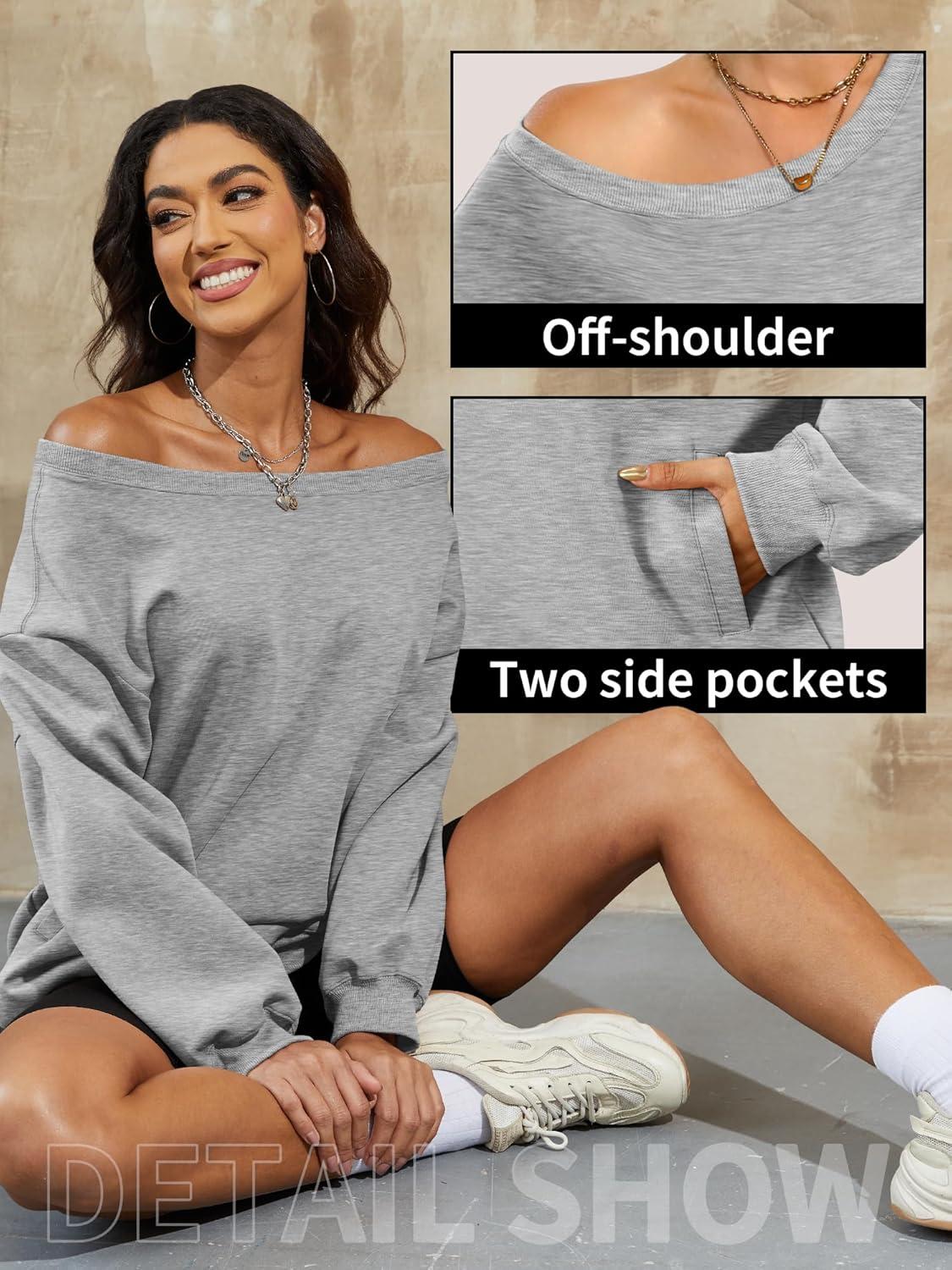 image:imageELLEVEN Womens Off Shoulder Sweatshirt Casual Long Sleeve Pullover Tops with PocketsGrey