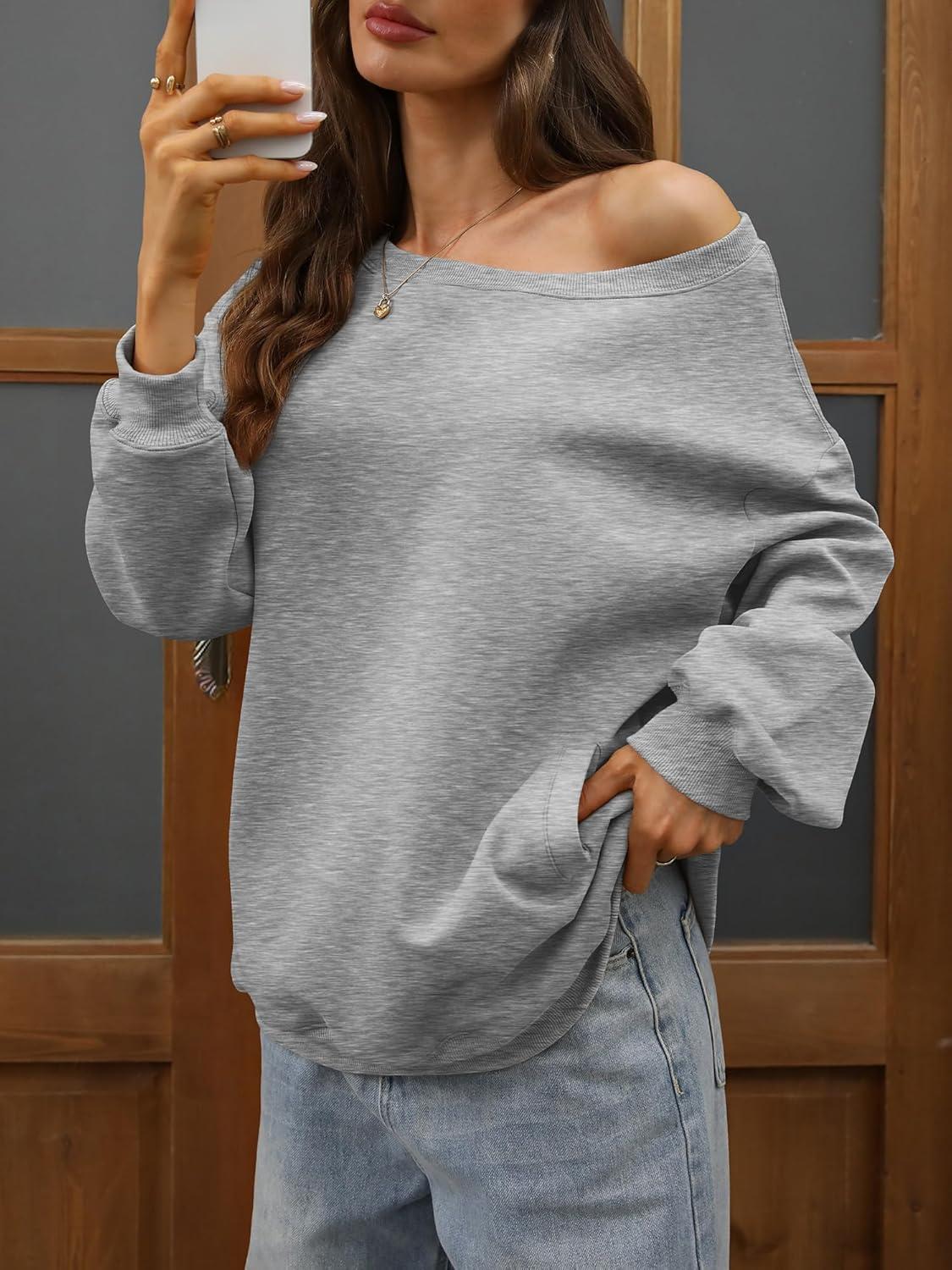 image:imageELLEVEN Womens Off Shoulder Sweatshirt Casual Long Sleeve Pullover Tops with PocketsGrey