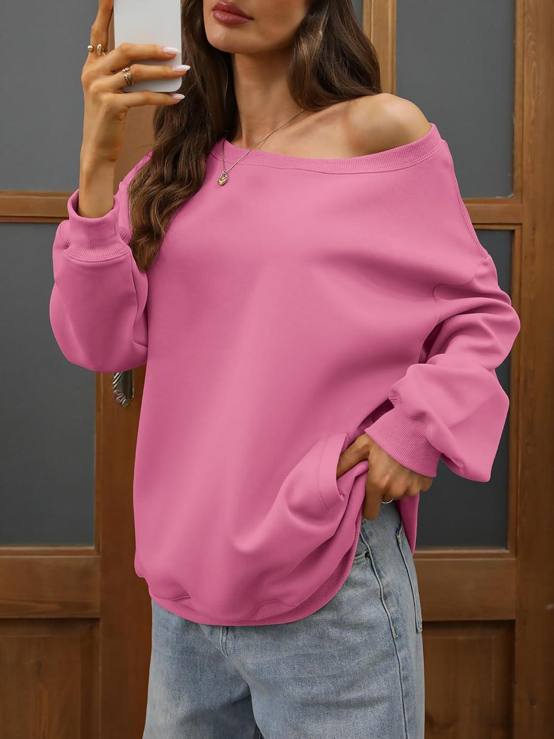 image:imageELLEVEN Womens Off Shoulder Sweatshirt Casual Long Sleeve Pullover Tops with PocketsPink