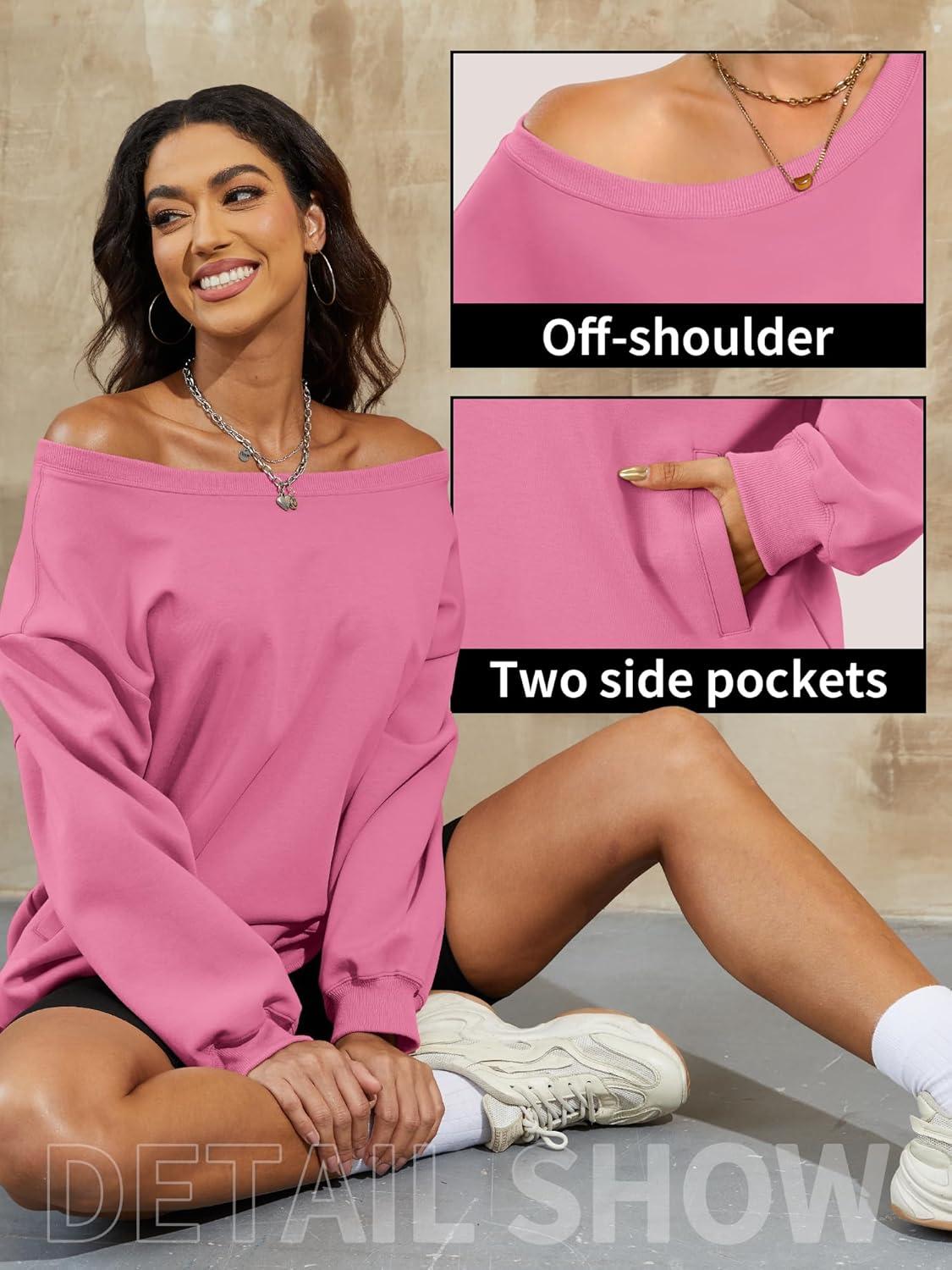 image:imageELLEVEN Womens Off Shoulder Sweatshirt Casual Long Sleeve Pullover Tops with PocketsPink