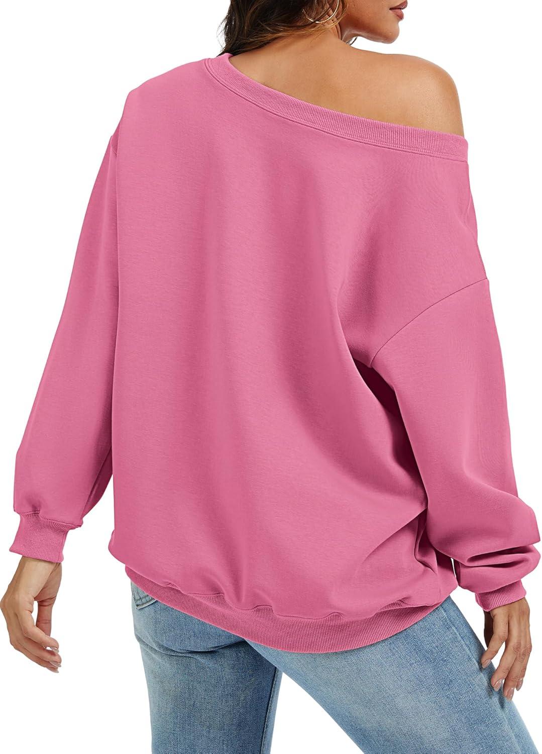 image:imageELLEVEN Womens Off Shoulder Sweatshirt Casual Long Sleeve Pullover Tops with PocketsPink