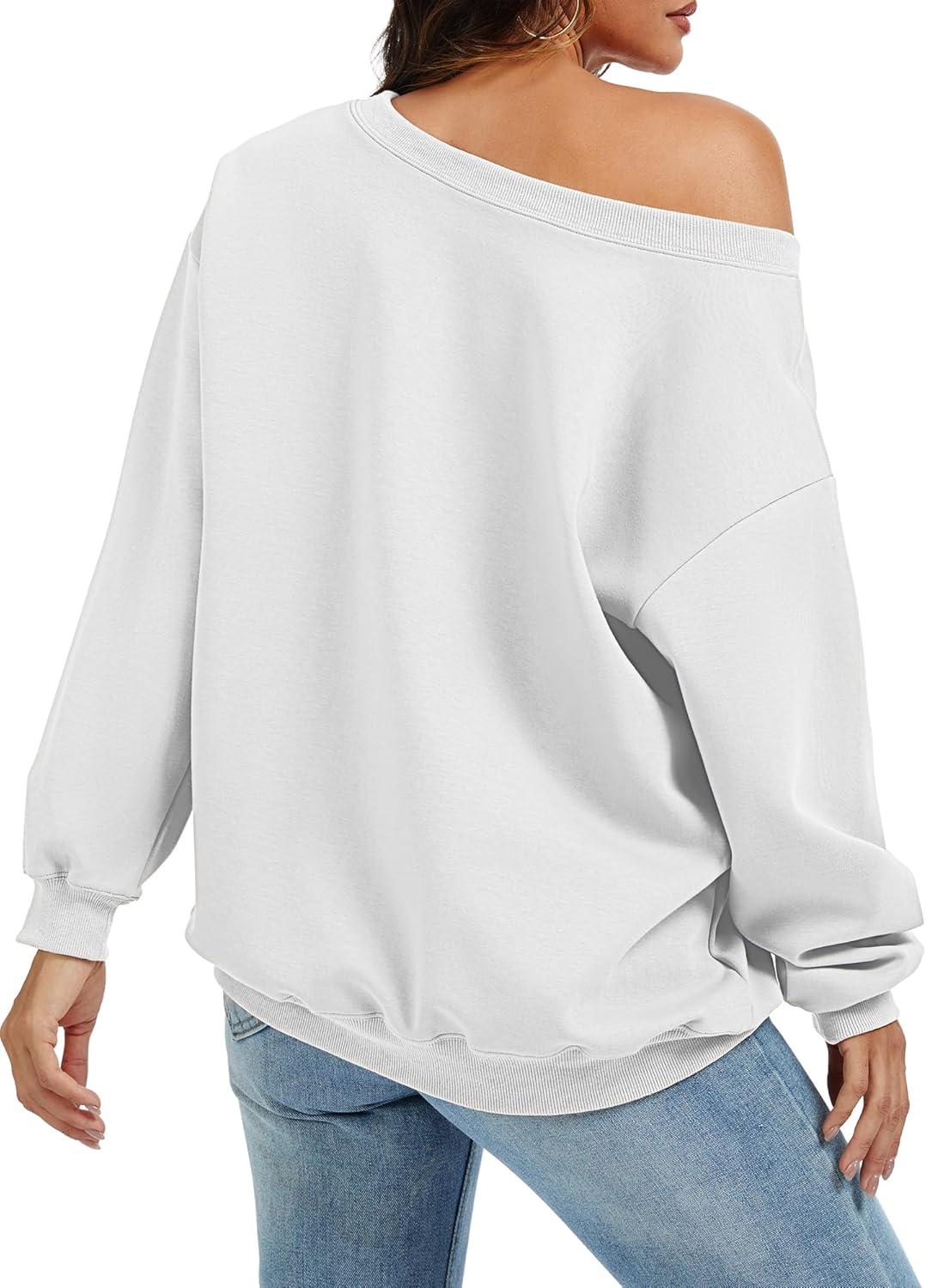 image:imageELLEVEN Womens Off Shoulder Sweatshirt Casual Long Sleeve Pullover Tops with PocketsWhite