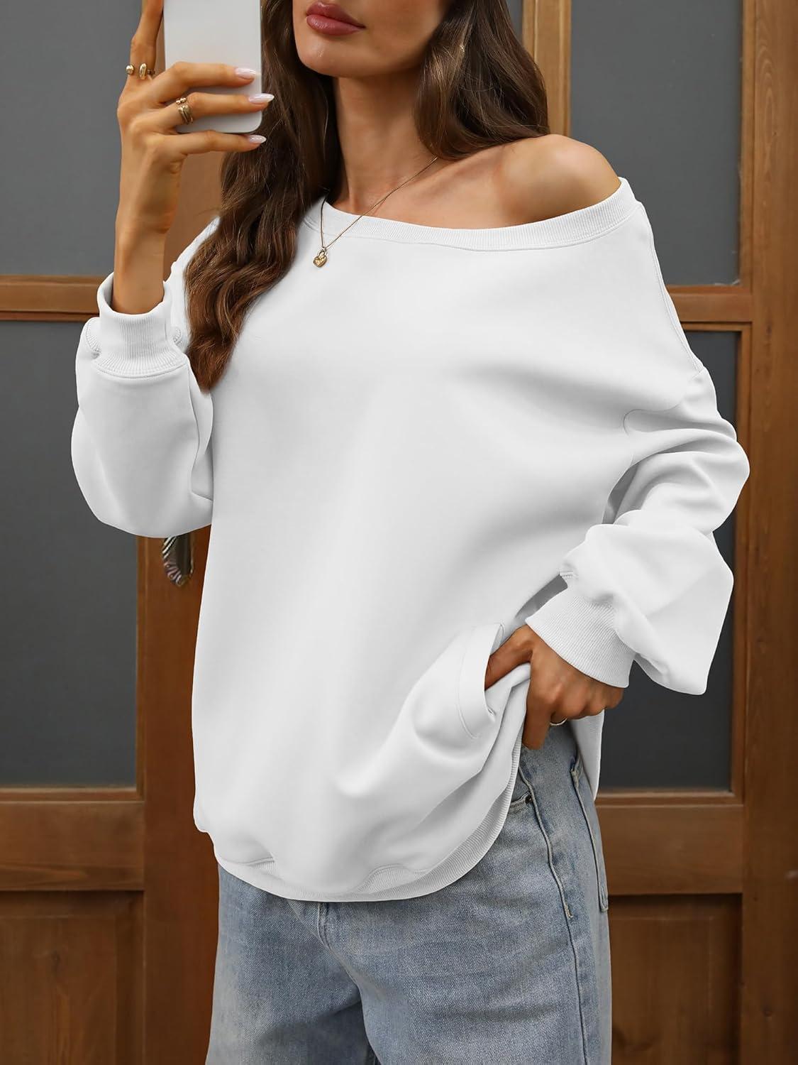 image:imageELLEVEN Womens Off Shoulder Sweatshirt Casual Long Sleeve Pullover Tops with PocketsWhite