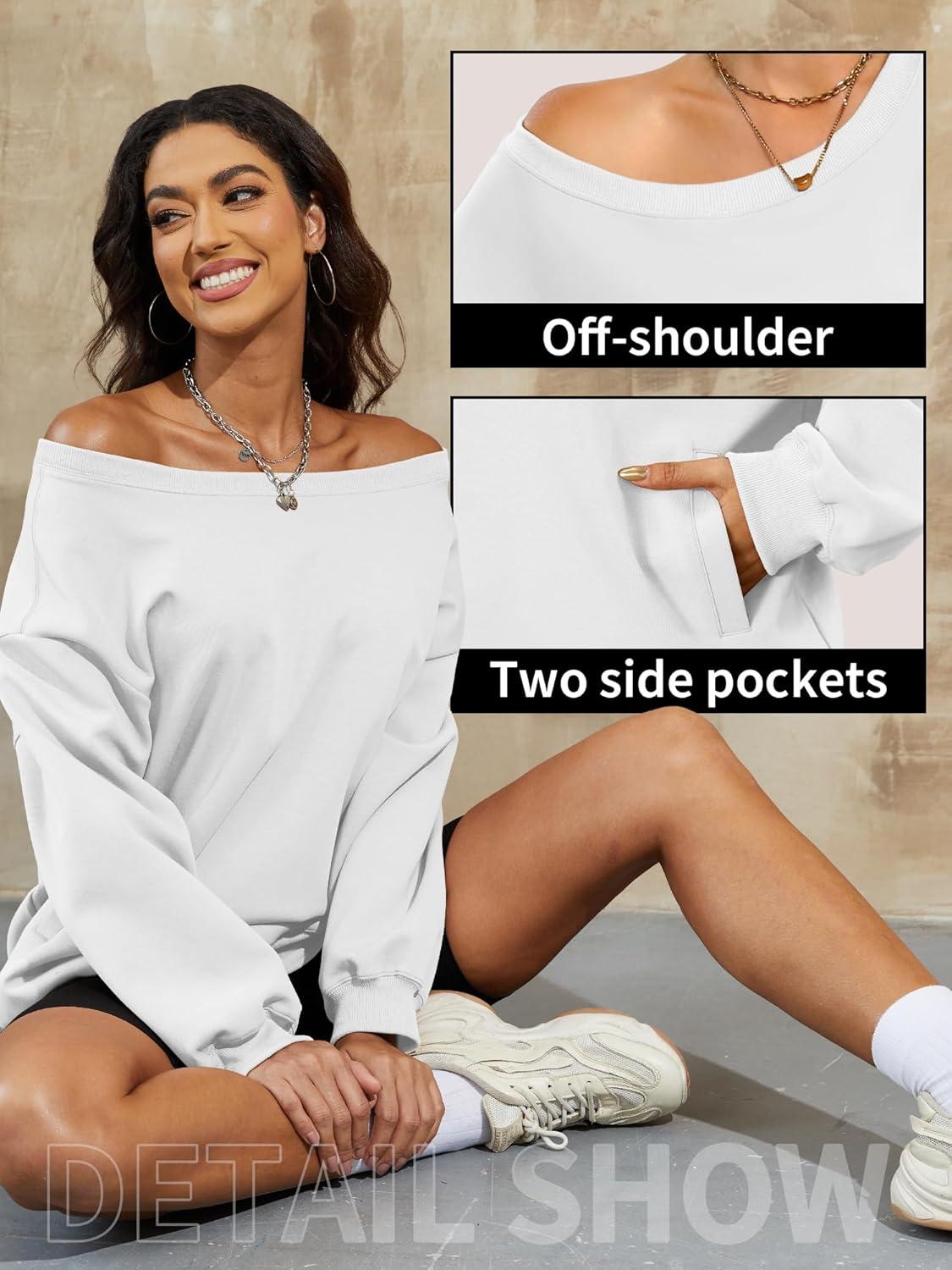 image:imageELLEVEN Womens Off Shoulder Sweatshirt Casual Long Sleeve Pullover Tops with PocketsWhite