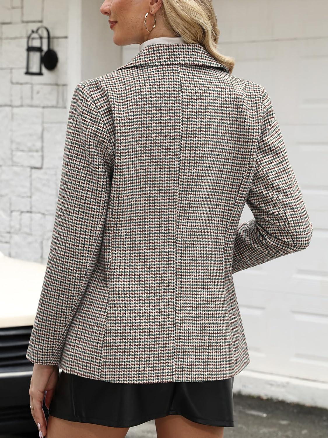 image:imageELLEVEN Womens Plaid Blazers with Embroidered Collar Houndstooth Business Casual Work Office Jacket with PocketsGreen Red Houndstooth