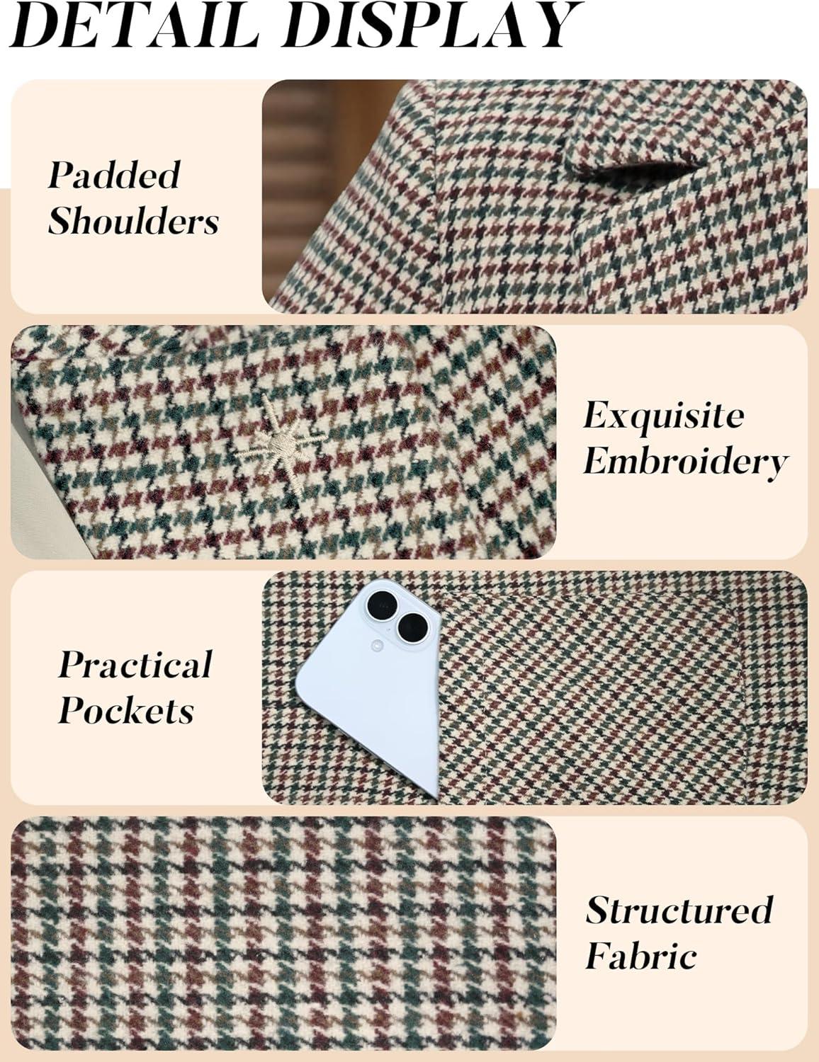 image:imageELLEVEN Womens Plaid Blazers with Embroidered Collar Houndstooth Business Casual Work Office Jacket with PocketsGreen Red Houndstooth