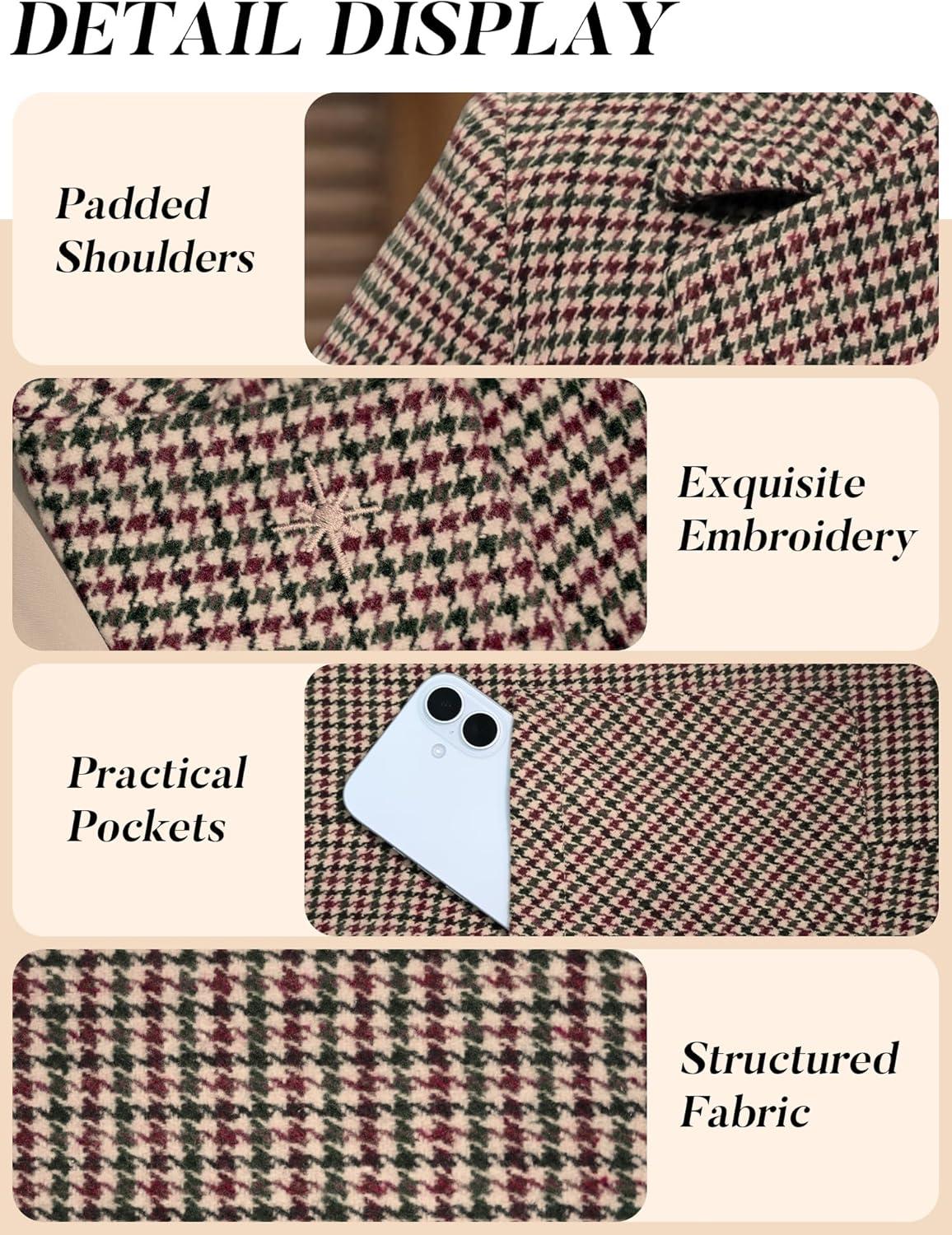 image:imageELLEVEN Womens Plaid Blazers with Embroidered Collar Houndstooth Business Casual Work Office Jacket with PocketsRed Black Houndstooth