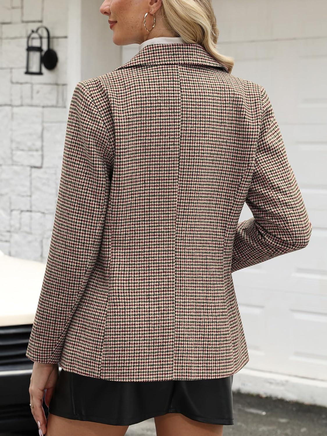 image:imageELLEVEN Womens Plaid Blazers with Embroidered Collar Houndstooth Business Casual Work Office Jacket with PocketsRed Black Houndstooth