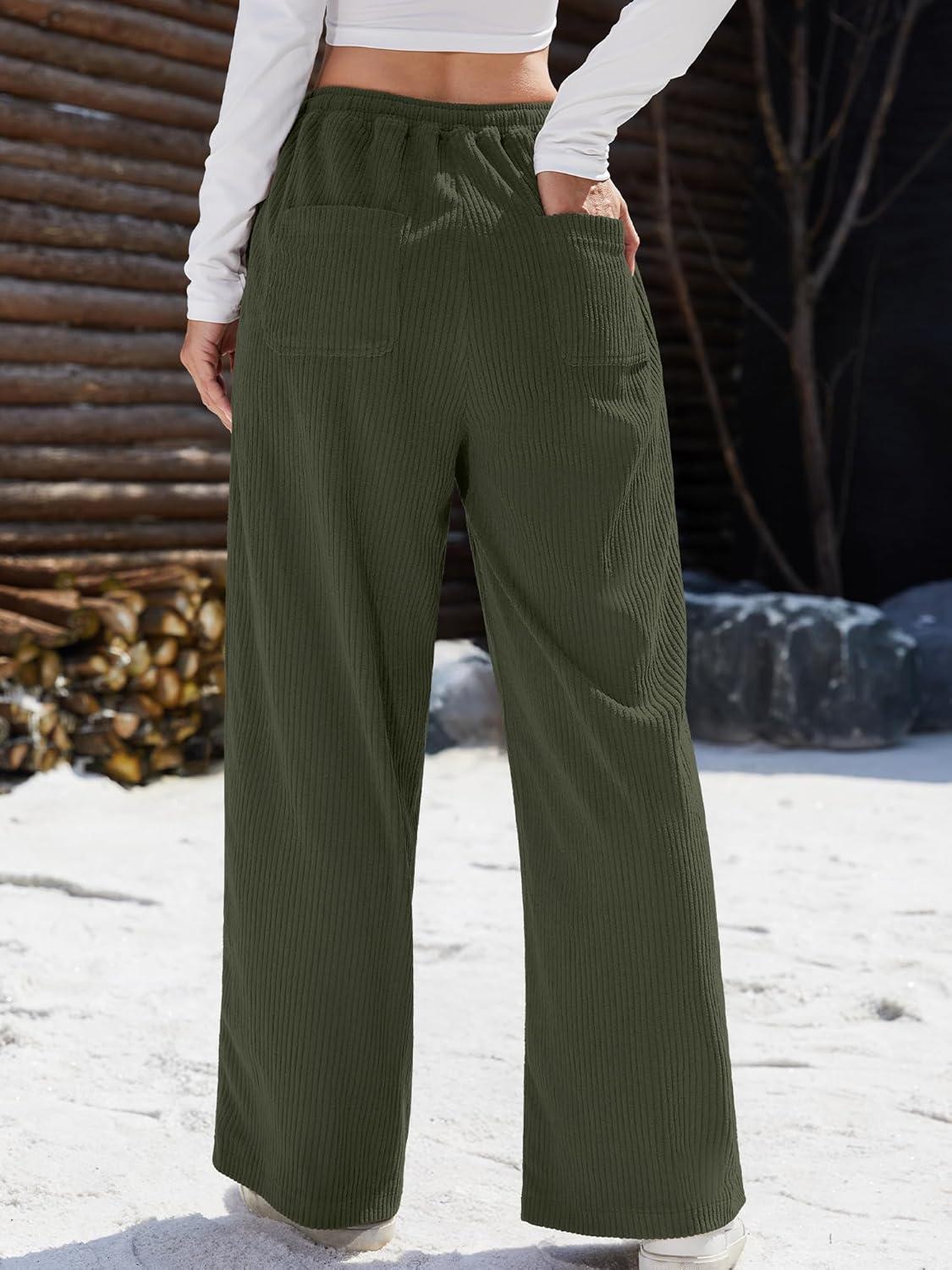 image:imageELLEVEN Womens Straight Leg Corduroy Pants Elastic High Waisted with Drawstring amp Pockets Casual Fall TrousersArmy Green