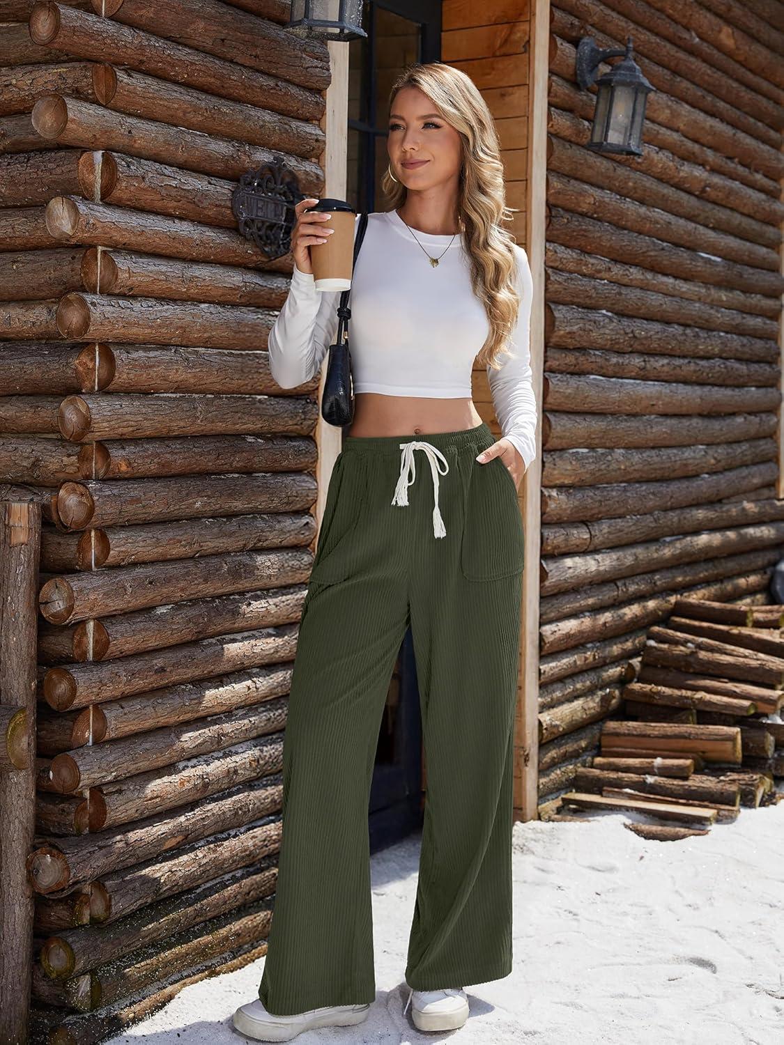 image:imageELLEVEN Womens Straight Leg Corduroy Pants Elastic High Waisted with Drawstring amp Pockets Casual Fall TrousersArmy Green