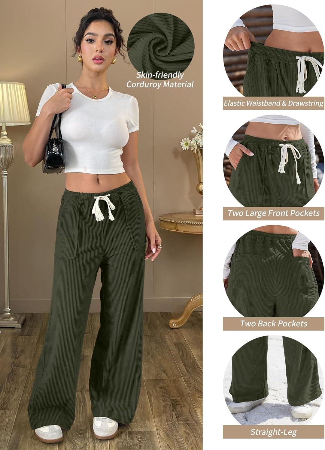 image:imageELLEVEN Womens Straight Leg Corduroy Pants Elastic High Waisted with Drawstring amp Pockets Casual Fall TrousersArmy Green