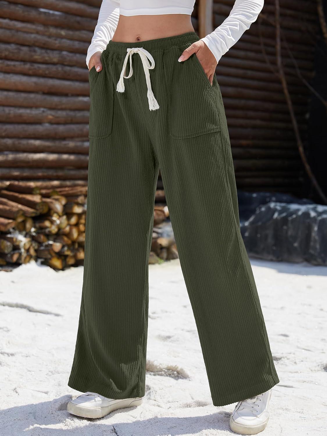 image:imageELLEVEN Womens Straight Leg Corduroy Pants Elastic High Waisted with Drawstring amp Pockets Casual Fall TrousersArmy Green