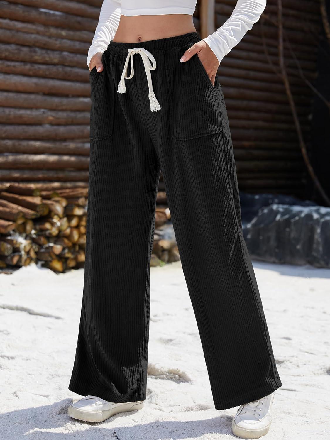 image:imageELLEVEN Womens Straight Leg Corduroy Pants Elastic High Waisted with Drawstring amp Pockets Casual Fall TrousersBlack