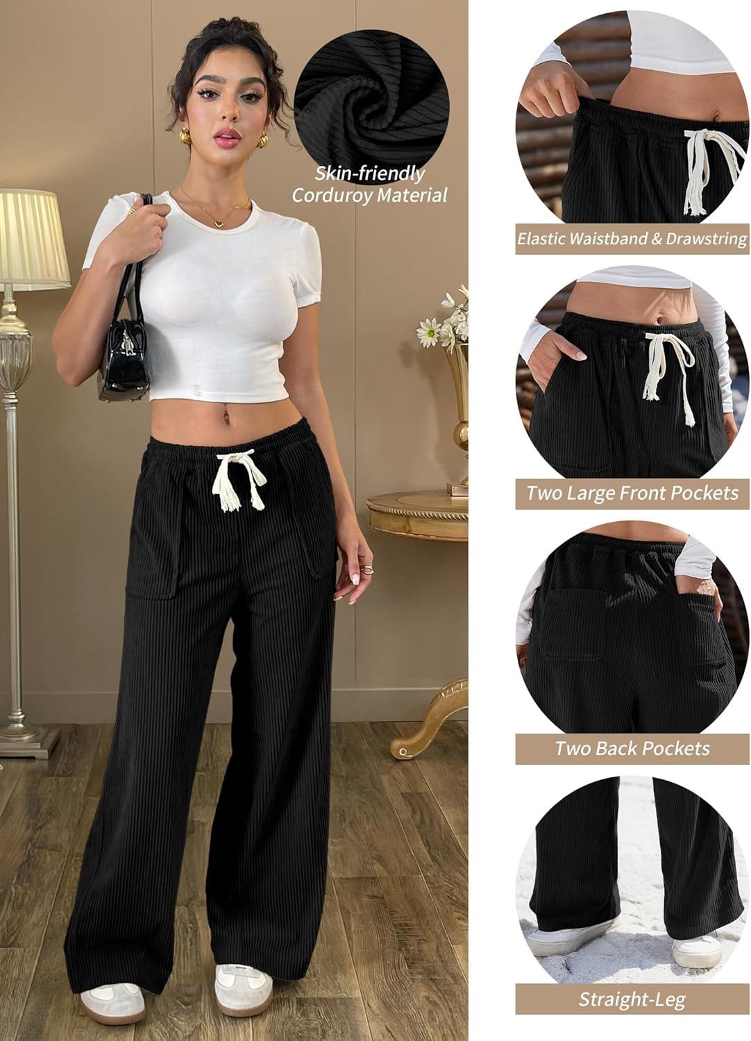 image:imageELLEVEN Womens Straight Leg Corduroy Pants Elastic High Waisted with Drawstring amp Pockets Casual Fall TrousersBlack