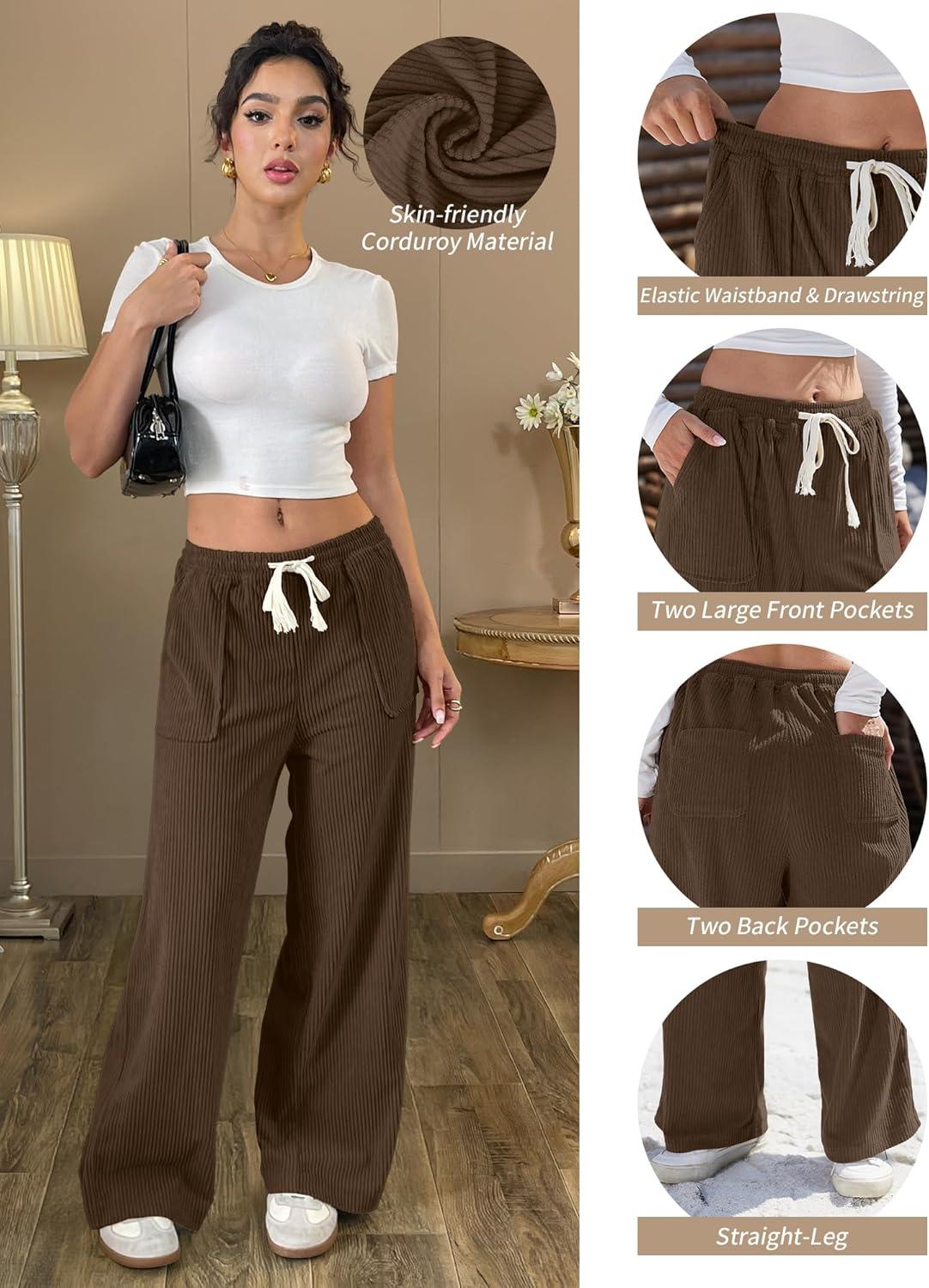 image:imageELLEVEN Womens Straight Leg Corduroy Pants Elastic High Waisted with Drawstring amp Pockets Casual Fall TrousersBrown
