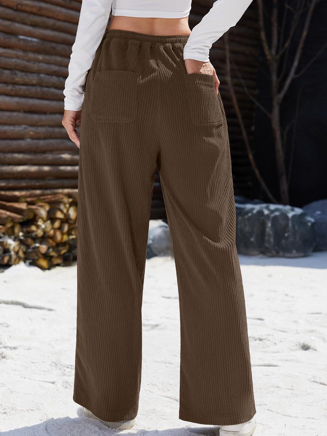image:imageELLEVEN Womens Straight Leg Corduroy Pants Elastic High Waisted with Drawstring amp Pockets Casual Fall TrousersBrown