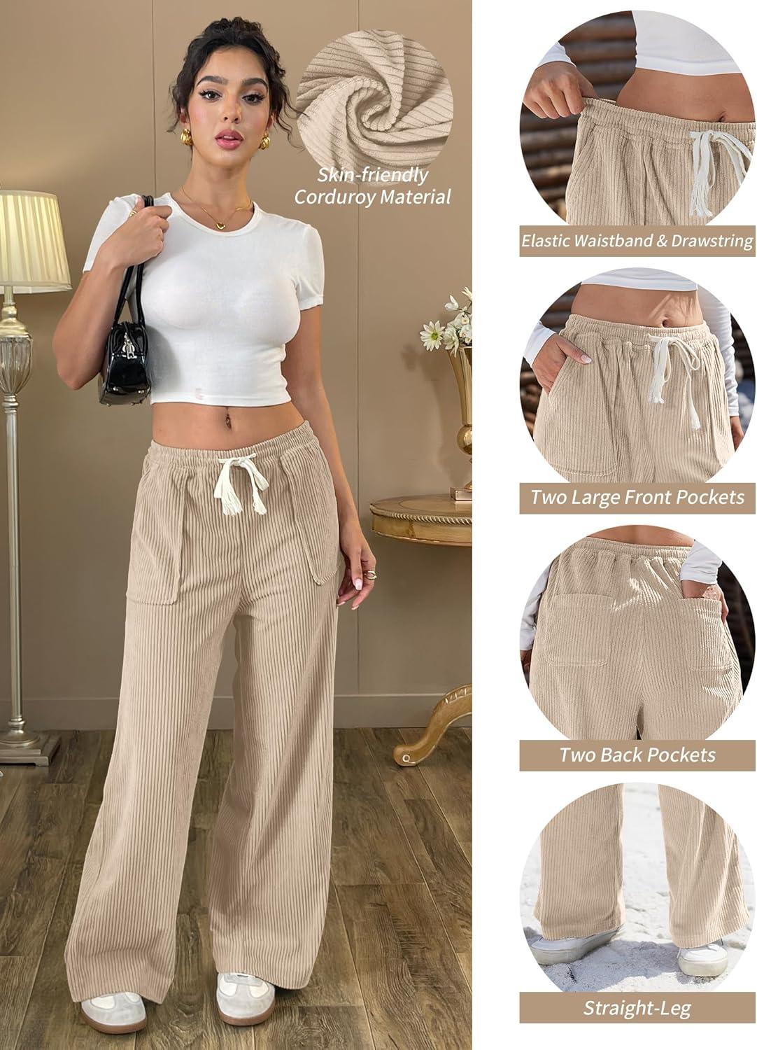image:imageELLEVEN Womens Straight Leg Corduroy Pants Elastic High Waisted with Drawstring amp Pockets Casual Fall TrousersKhaki