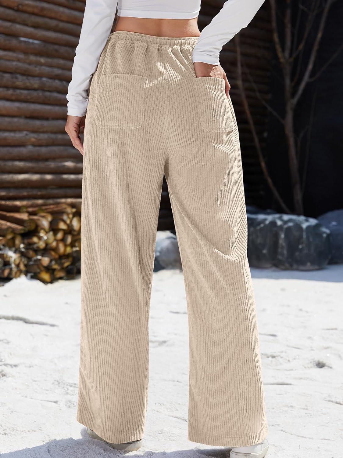 image:imageELLEVEN Womens Straight Leg Corduroy Pants Elastic High Waisted with Drawstring amp Pockets Casual Fall TrousersKhaki