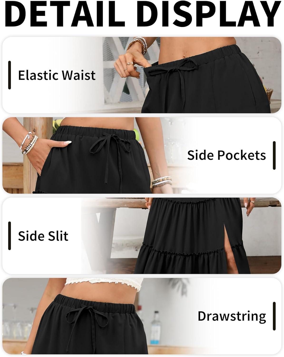 image:imageELLEVEN Womens Summer Slit Tiered Maxi Skirt Boho ALine Elastic Waist Long Skirts with PocketsBlack
