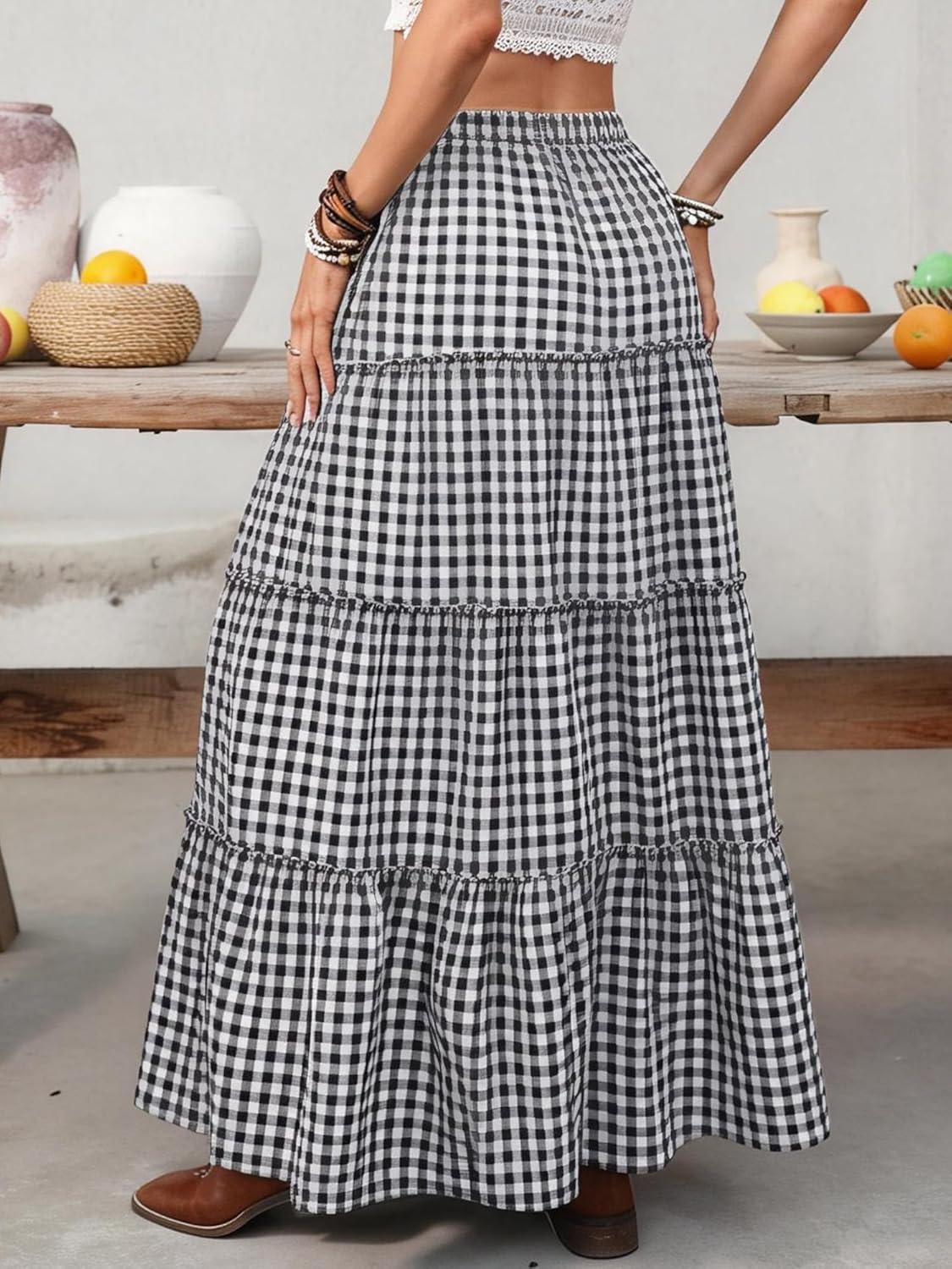 image:imageELLEVEN Womens Summer Slit Tiered Maxi Skirt Boho ALine Elastic Waist Long Skirts with PocketsBlack Plaid