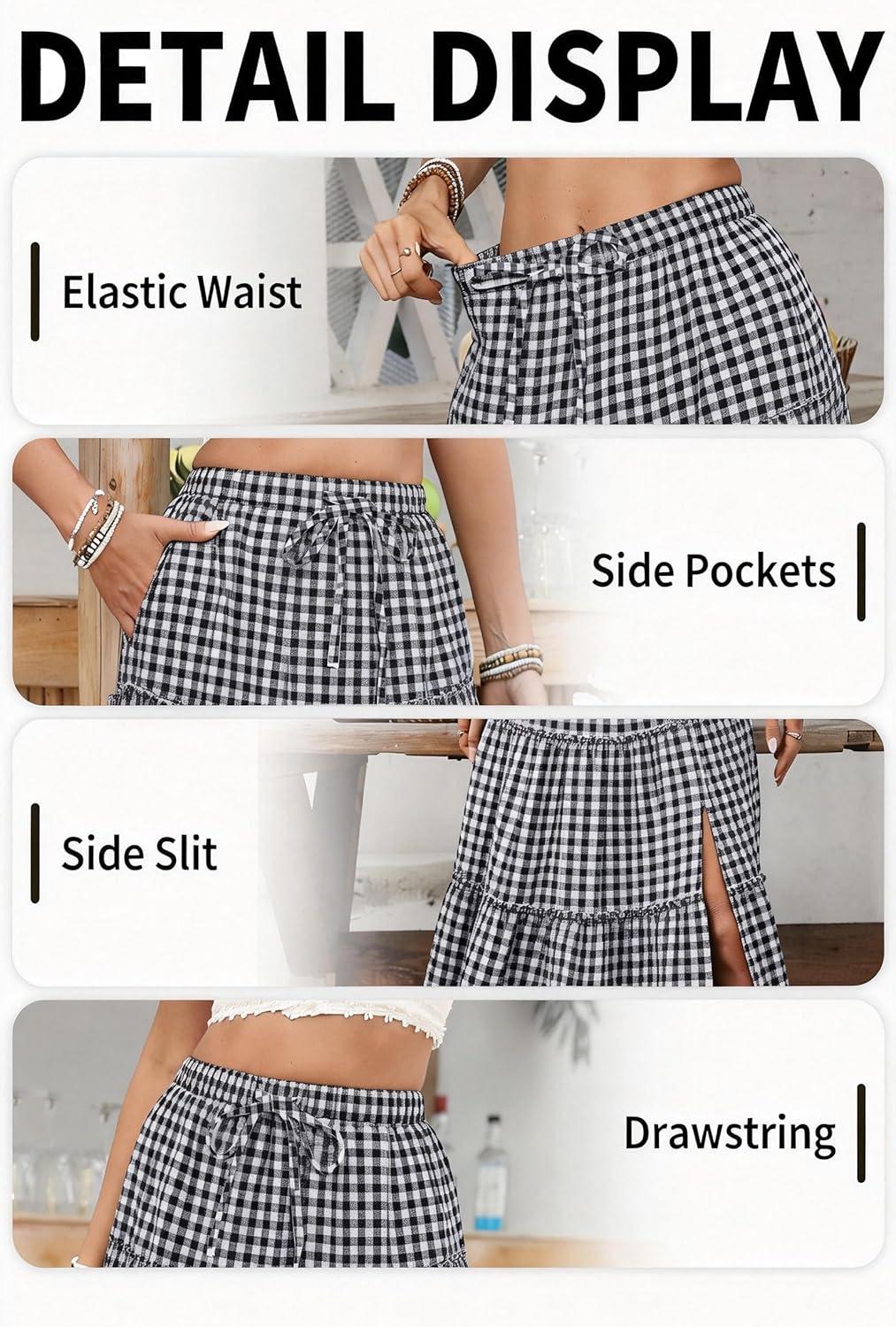 image:imageELLEVEN Womens Summer Slit Tiered Maxi Skirt Boho ALine Elastic Waist Long Skirts with PocketsBlack Plaid