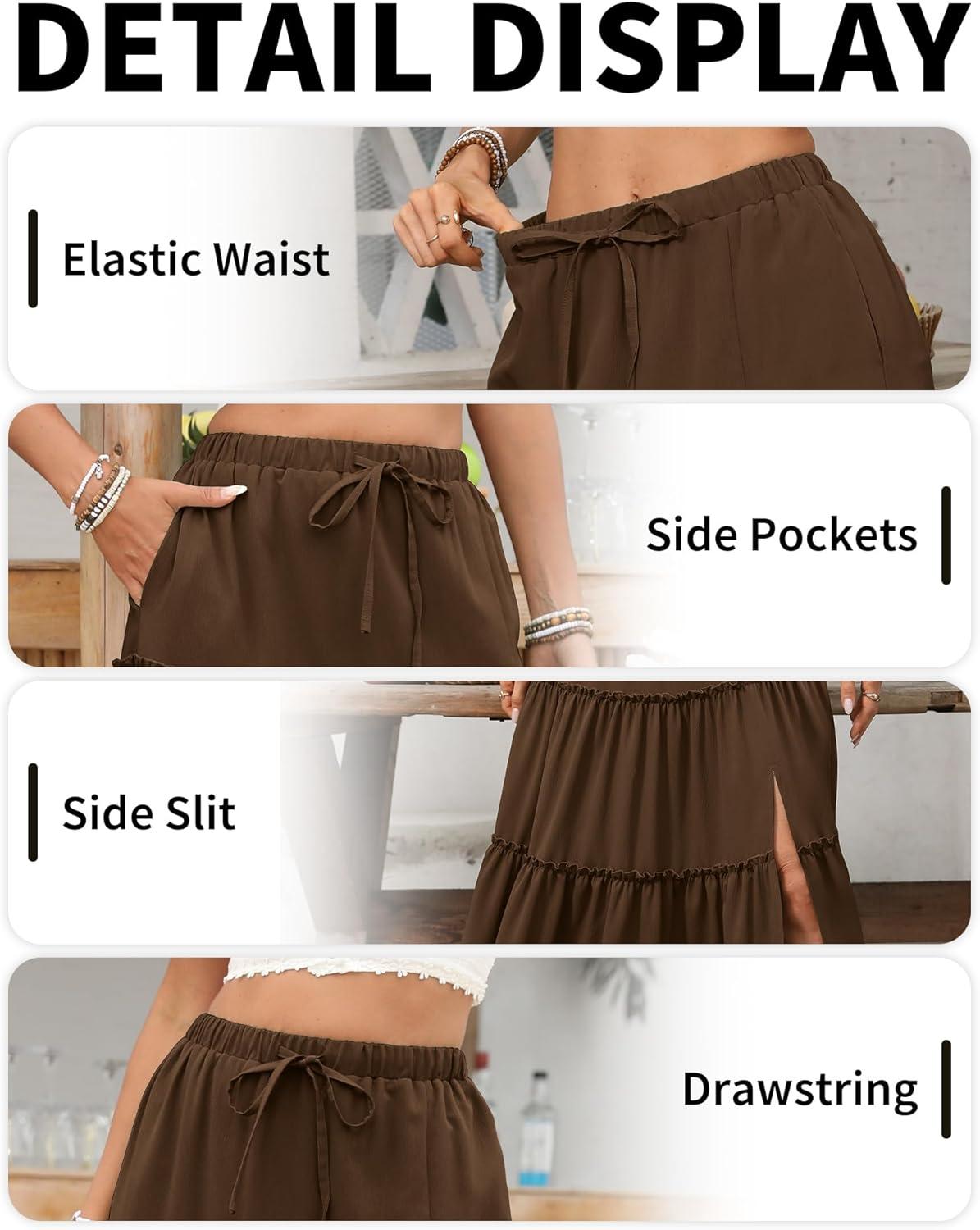 image:imageELLEVEN Womens Summer Slit Tiered Maxi Skirt Boho ALine Elastic Waist Long Skirts with PocketsBrown