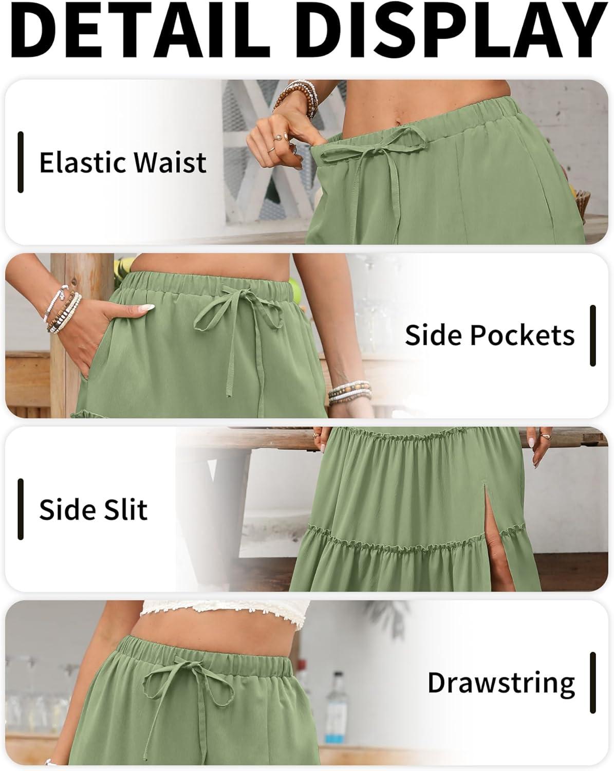 image:imageELLEVEN Womens Summer Slit Tiered Maxi Skirt Boho ALine Elastic Waist Long Skirts with PocketsGreen