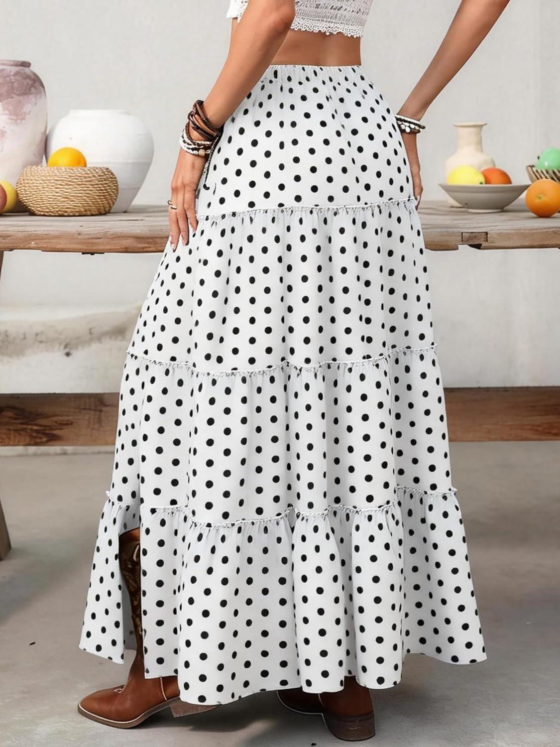 image:imageELLEVEN Womens Summer Slit Tiered Maxi Skirt Boho ALine Elastic Waist Long Skirts with PocketsPolka Dots