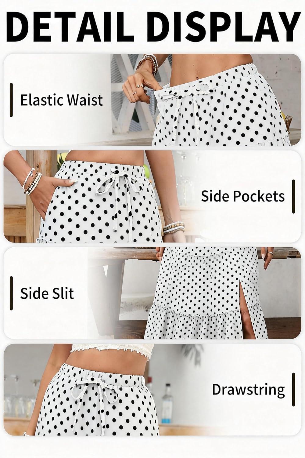 image:imageELLEVEN Womens Summer Slit Tiered Maxi Skirt Boho ALine Elastic Waist Long Skirts with PocketsPolka Dots