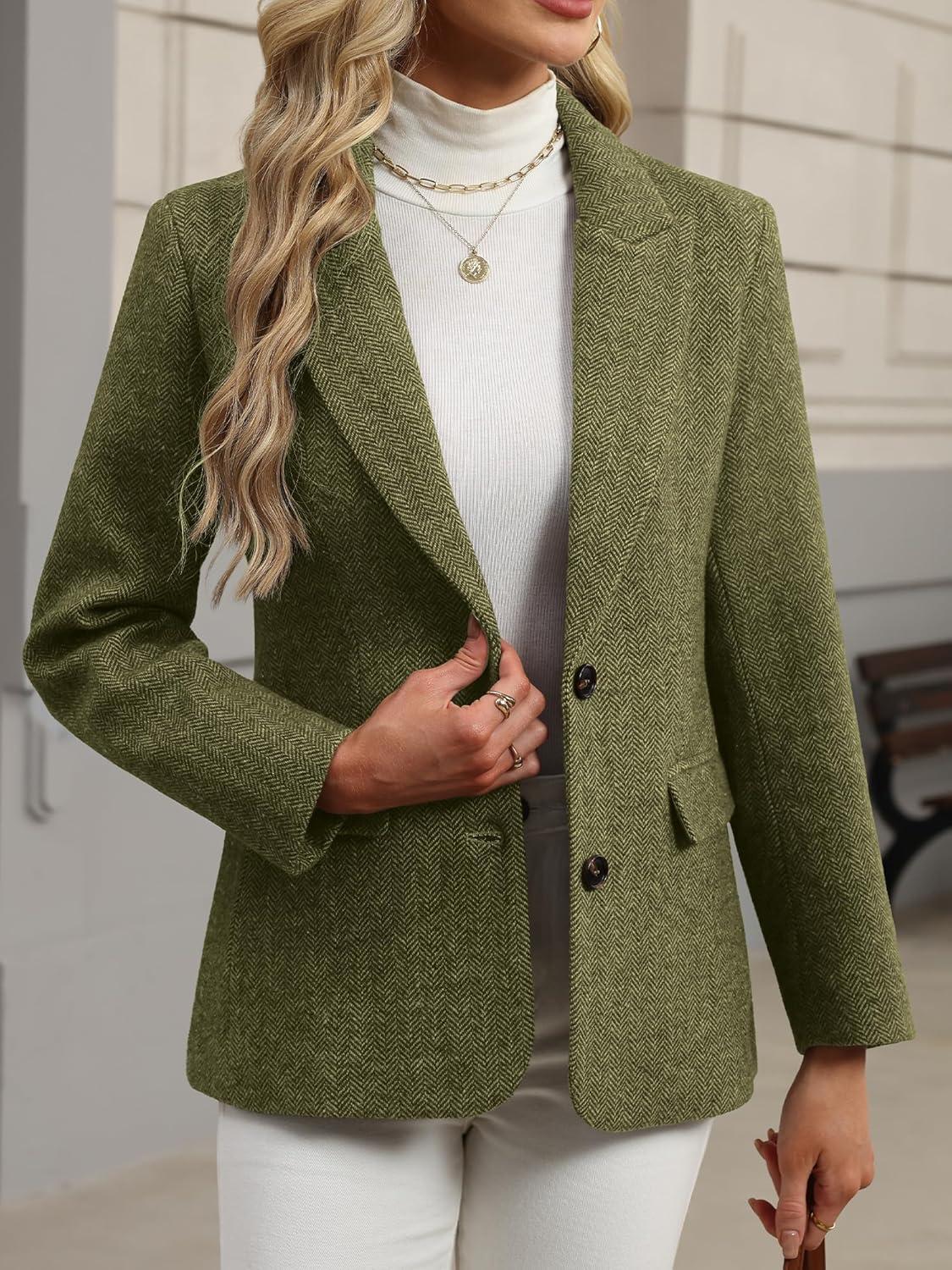 image:imageELLEVEN Womens Wool Blend Tweed Warm Blazers Herringbone Business Casual Fall Winter Oversize Suit JacketDark Green