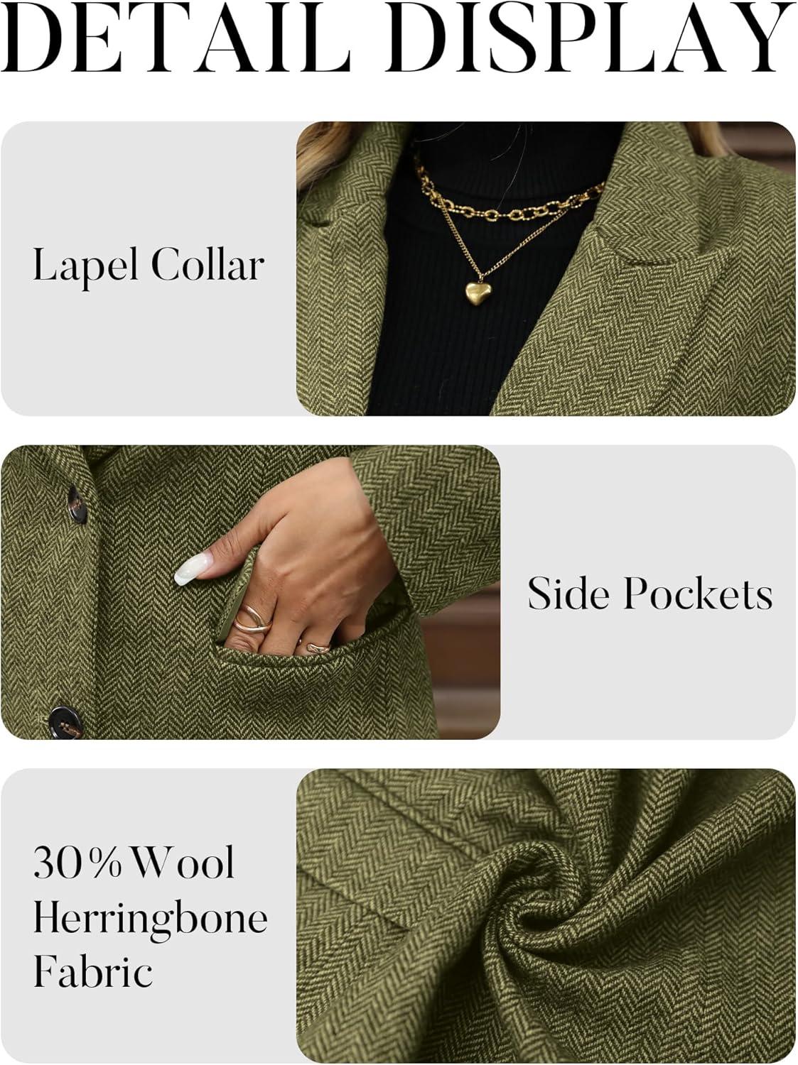 image:imageELLEVEN Womens Wool Blend Tweed Warm Blazers Herringbone Business Casual Fall Winter Oversize Suit JacketDark Green